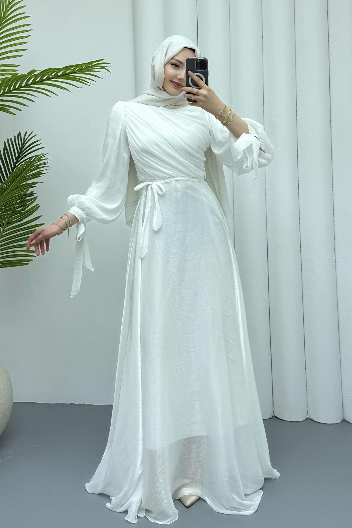 Gögüs Drapeli Kolları Bağlamalı Jan Jan Tesettür Abiye-BEYAZ