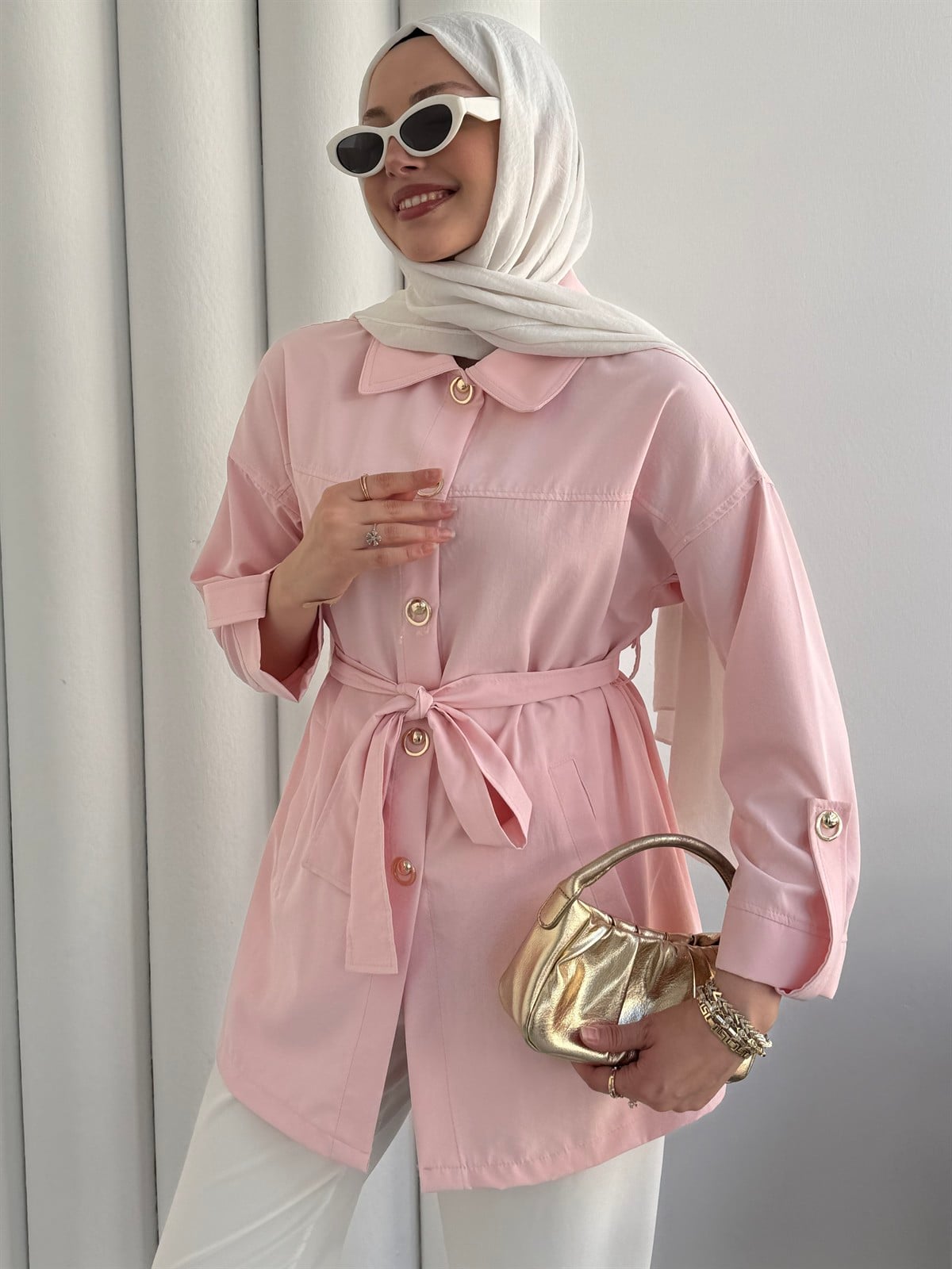 Gold Düğme Aksesuar Detaylı Çıt Çıtlı Kuşaklı Kap-PEMBE