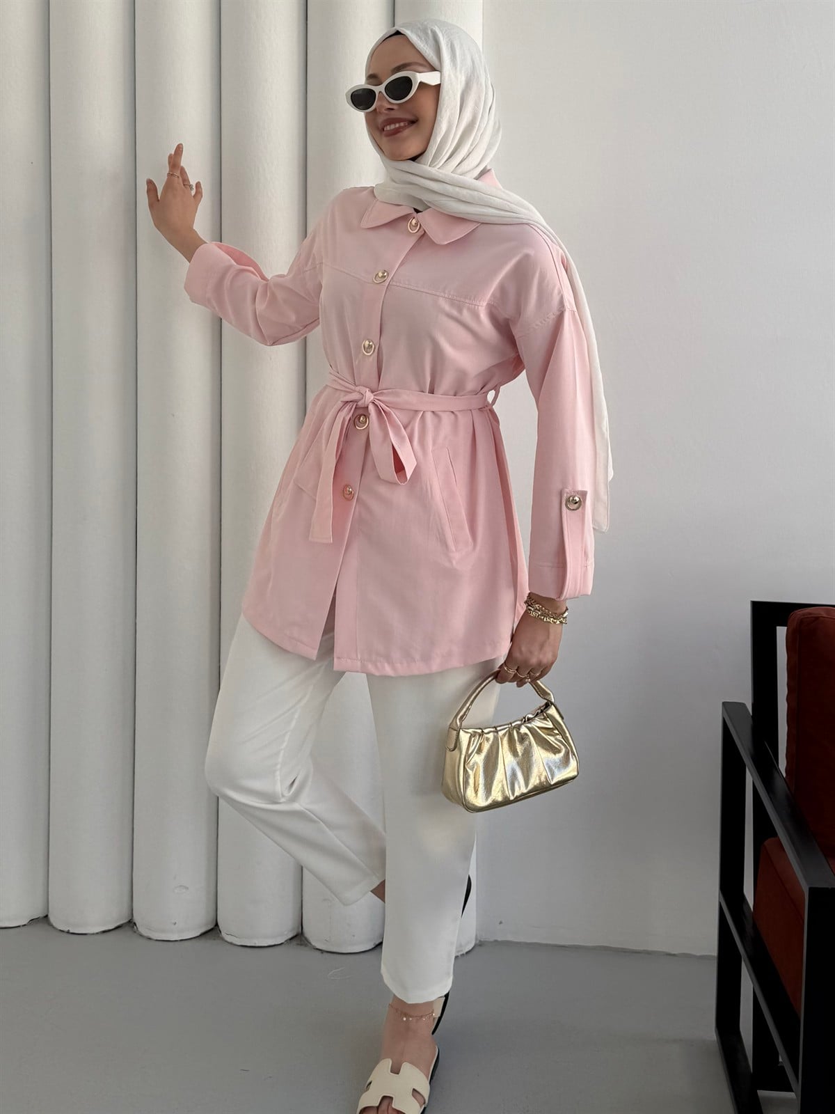 Gold Düğme Aksesuar Detaylı Çıt Çıtlı Kuşaklı Kap-PEMBE