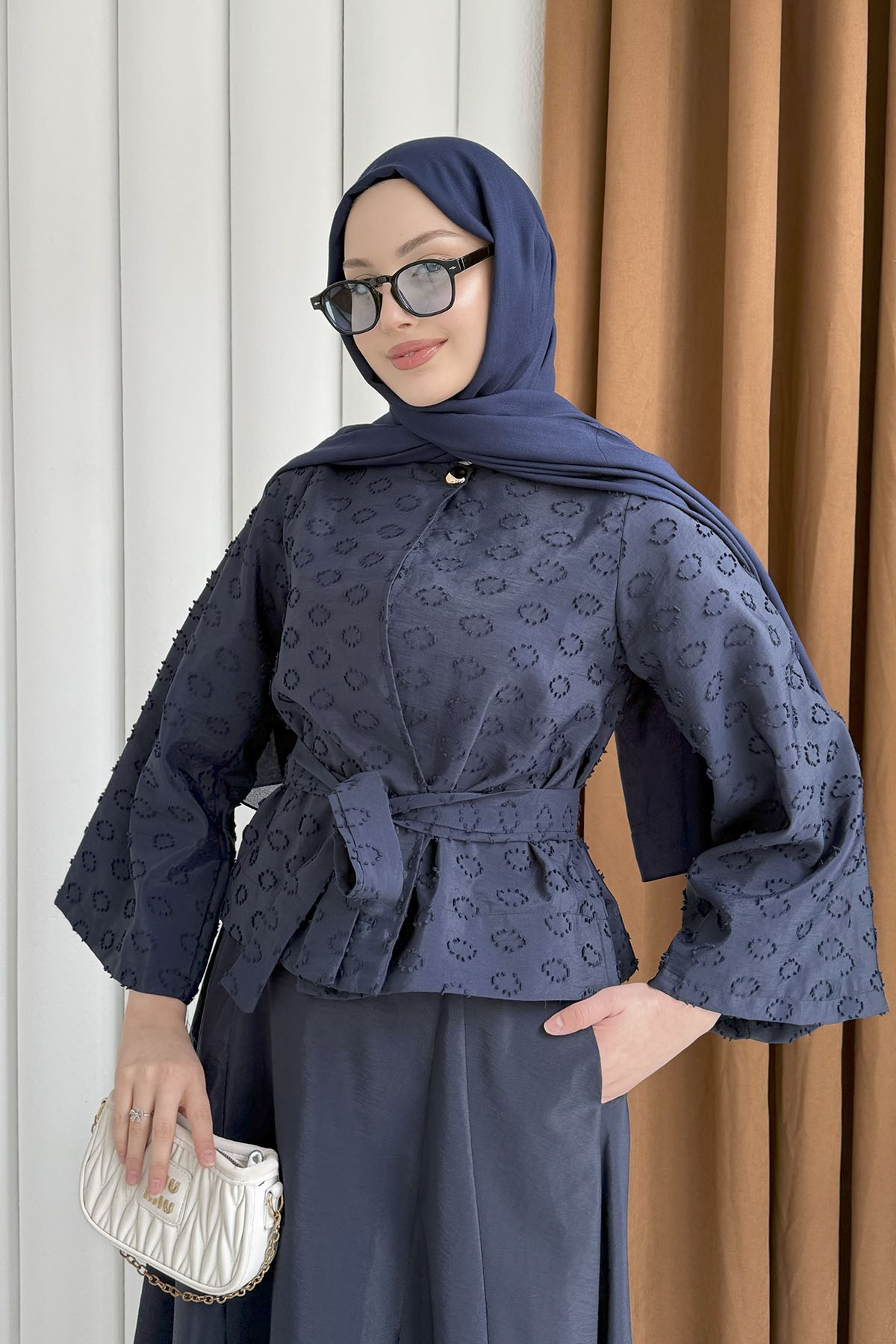 Gold Düğme Detay Ceket Etek Tesettür Takım-LACİVERT