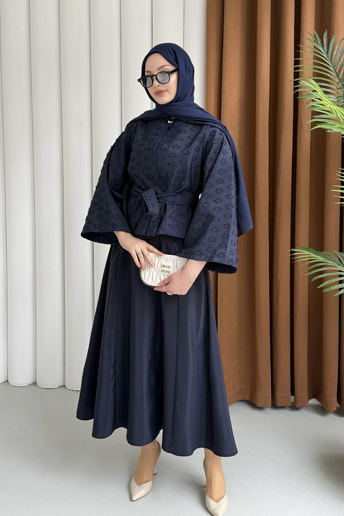 Gold Düğme Detay Ceket Etek Tesettür Takım-LACİVERT