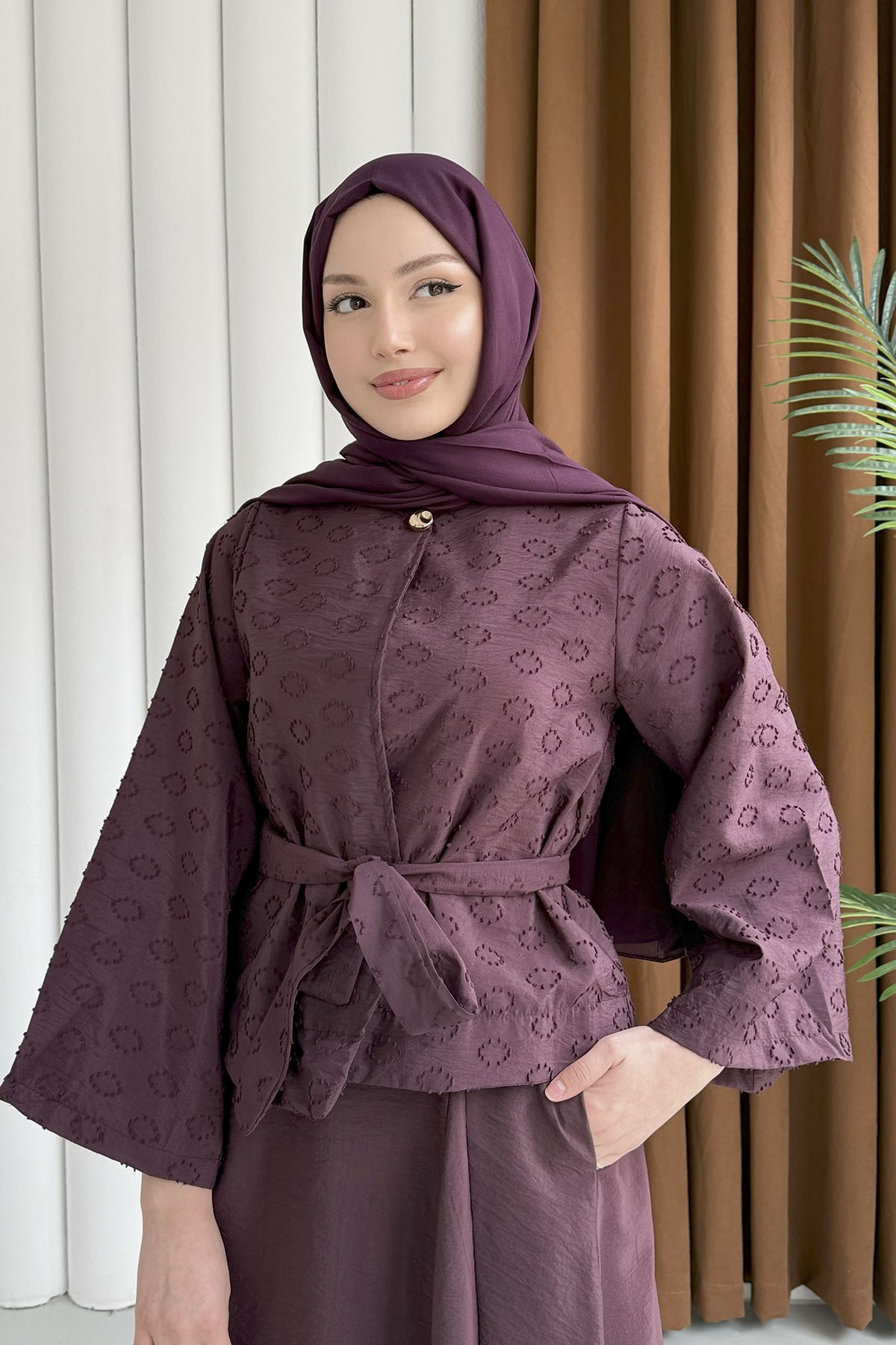 Gold Düğme Detay Ceket Etek Tesettür Takım-BORDO