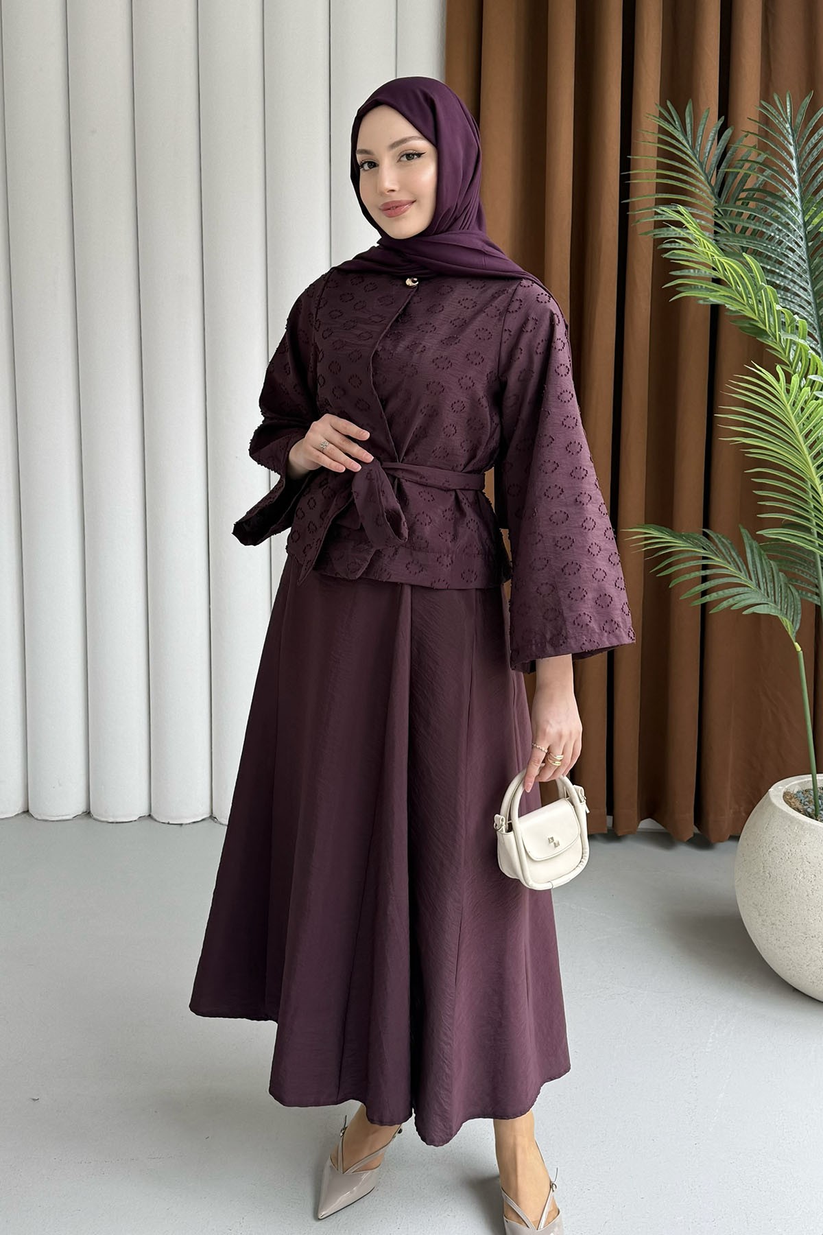 Gold Düğme Detay Ceket Etek Tesettür Takım-BORDO