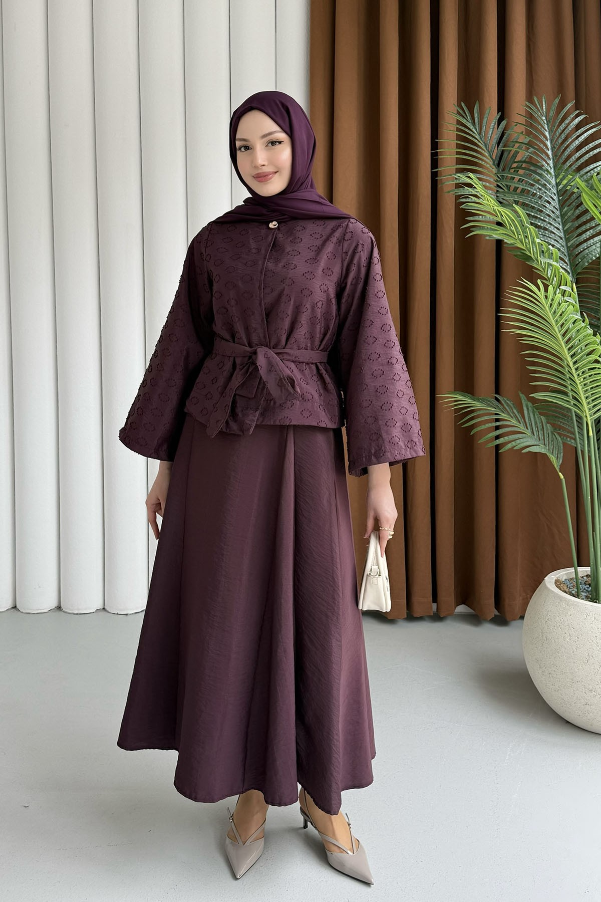 Gold Düğme Detay Ceket Etek Tesettür Takım-BORDO