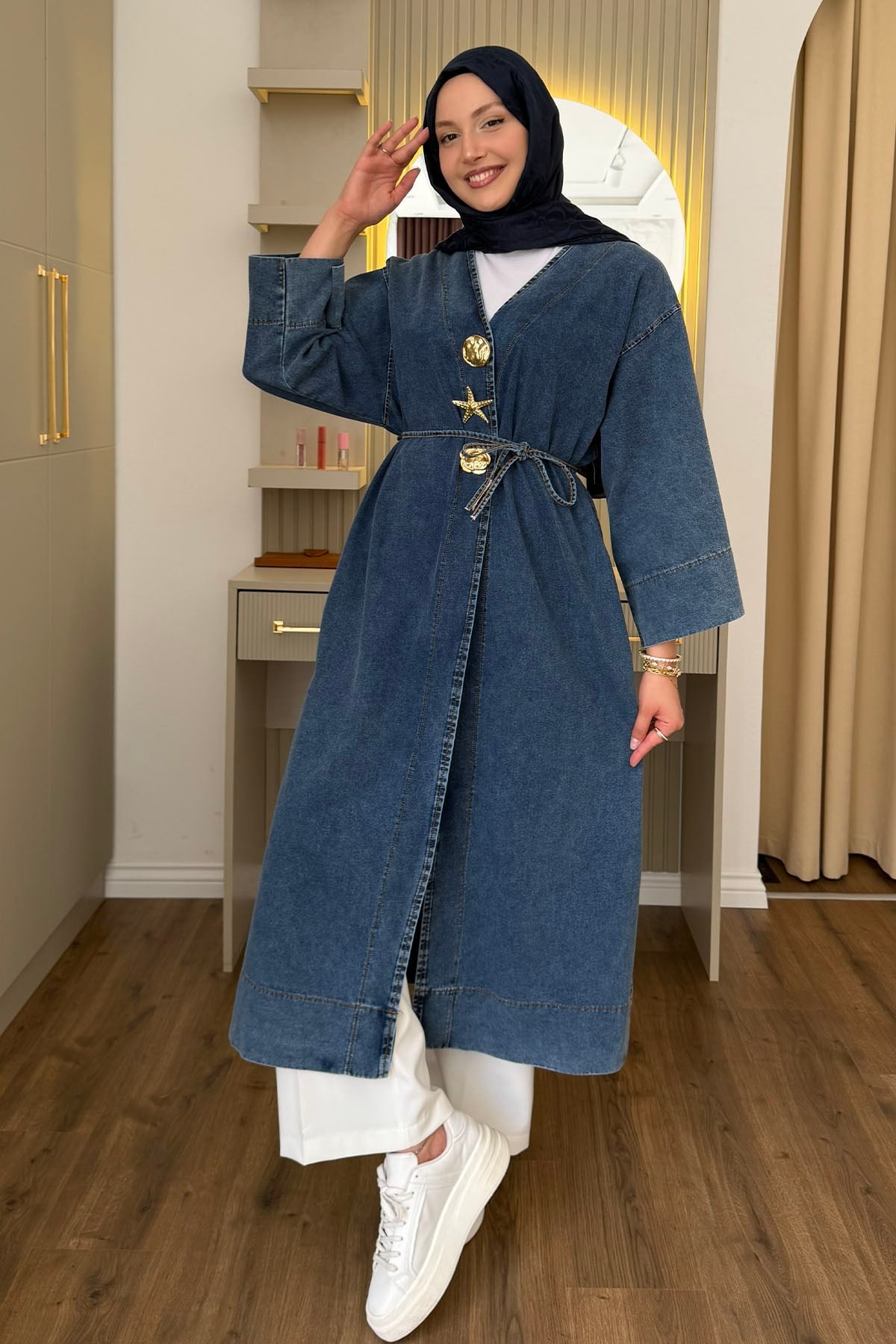 Gold Düğme Detaylı Denim Kimono-AÇIK MAVİ