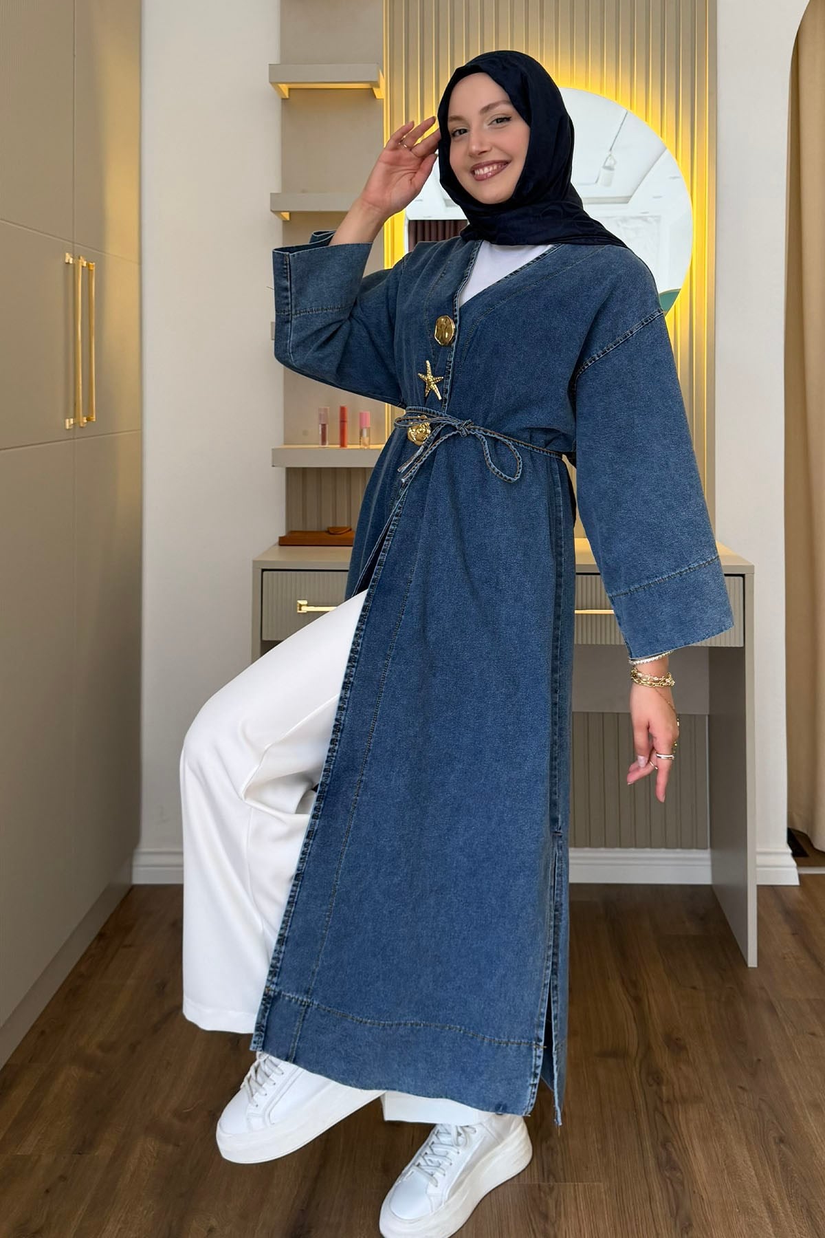 Gold Düğme Detaylı Denim Kimono-AÇIK MAVİ