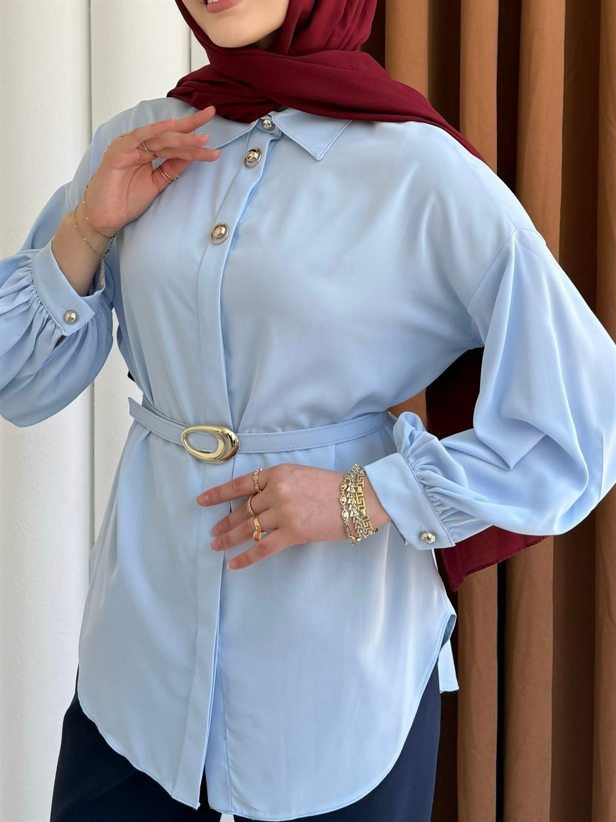 Gold Düğme Detaylı Kemerli Gömlek-MAVİ