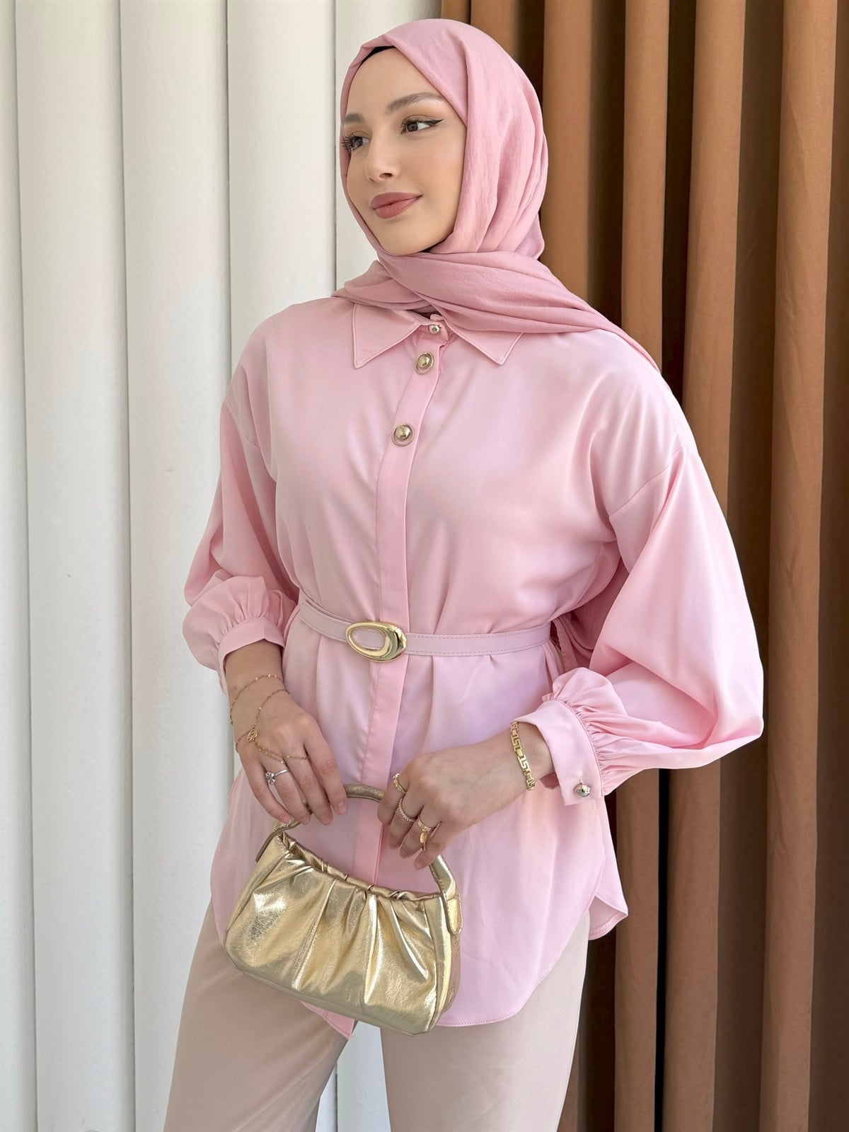 Gold Düğme Detaylı Kemerli Gömlek-PEMBE