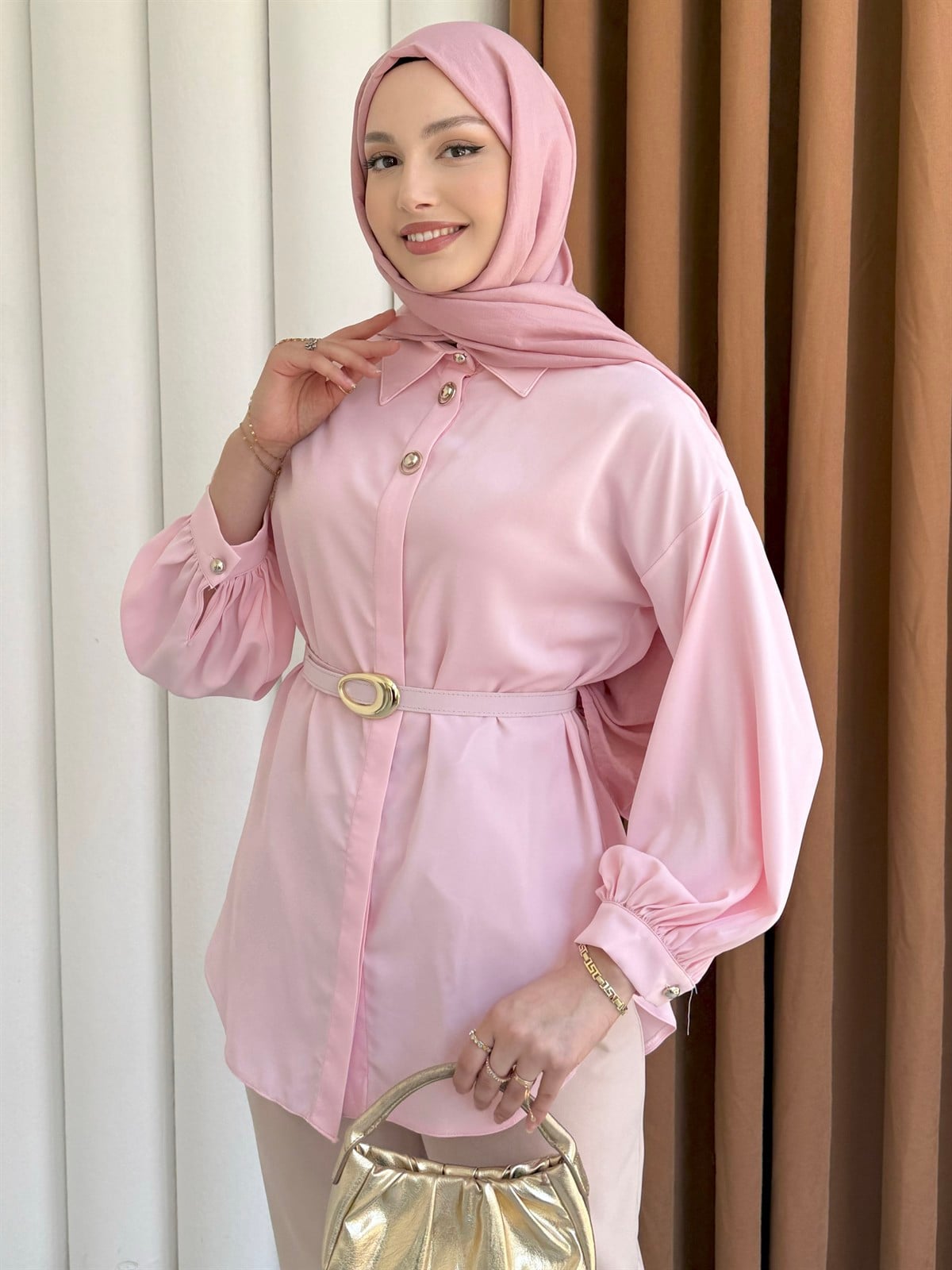 Gold Düğme Detaylı Kemerli Gömlek-PEMBE