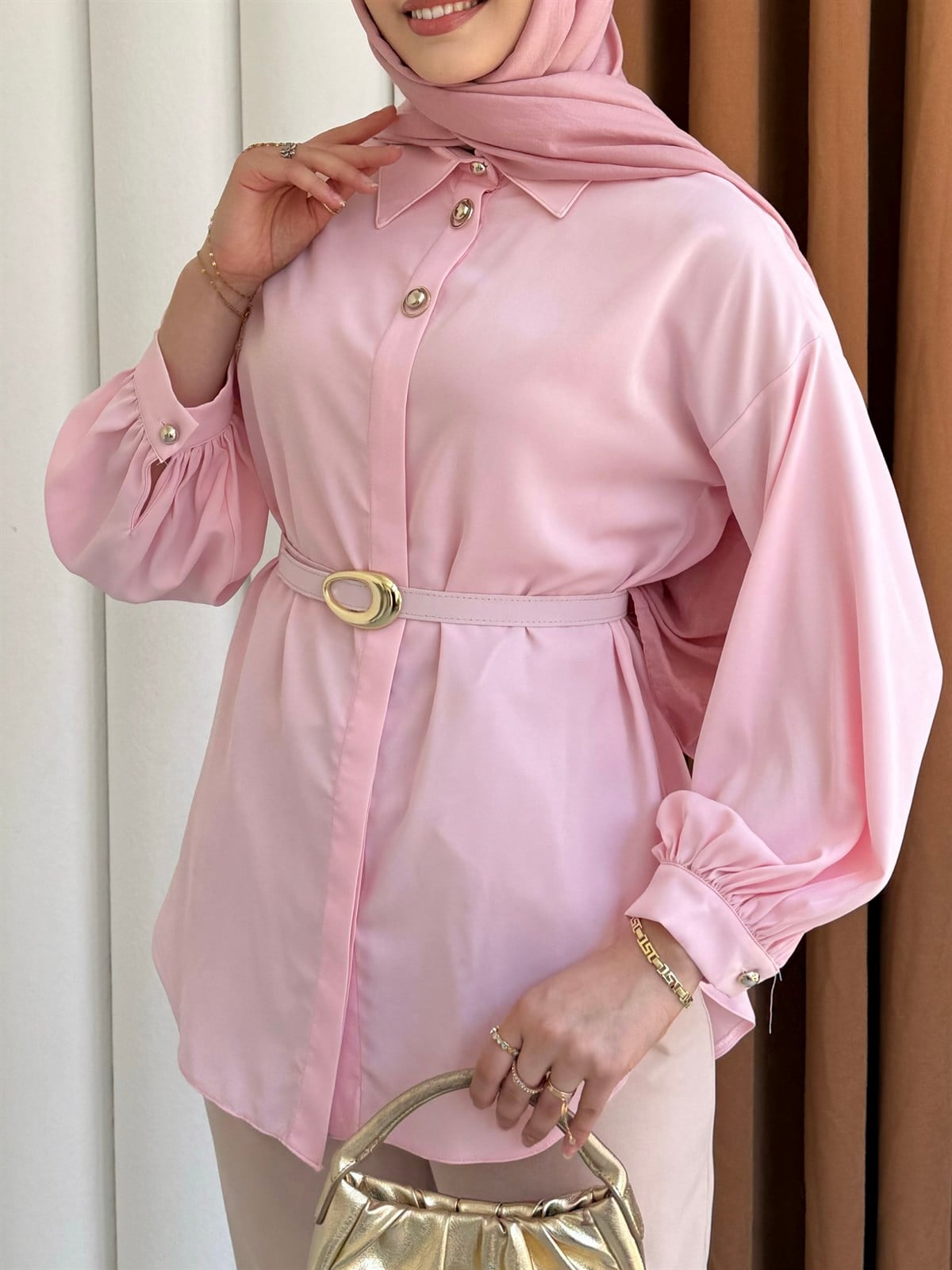 Gold Düğme Detaylı Kemerli Gömlek-PEMBE
