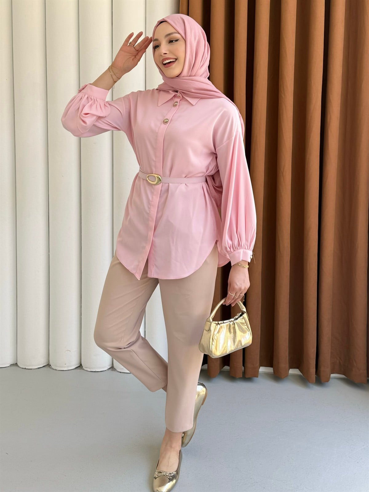 Gold Düğme Detaylı Kemerli Gömlek-PEMBE