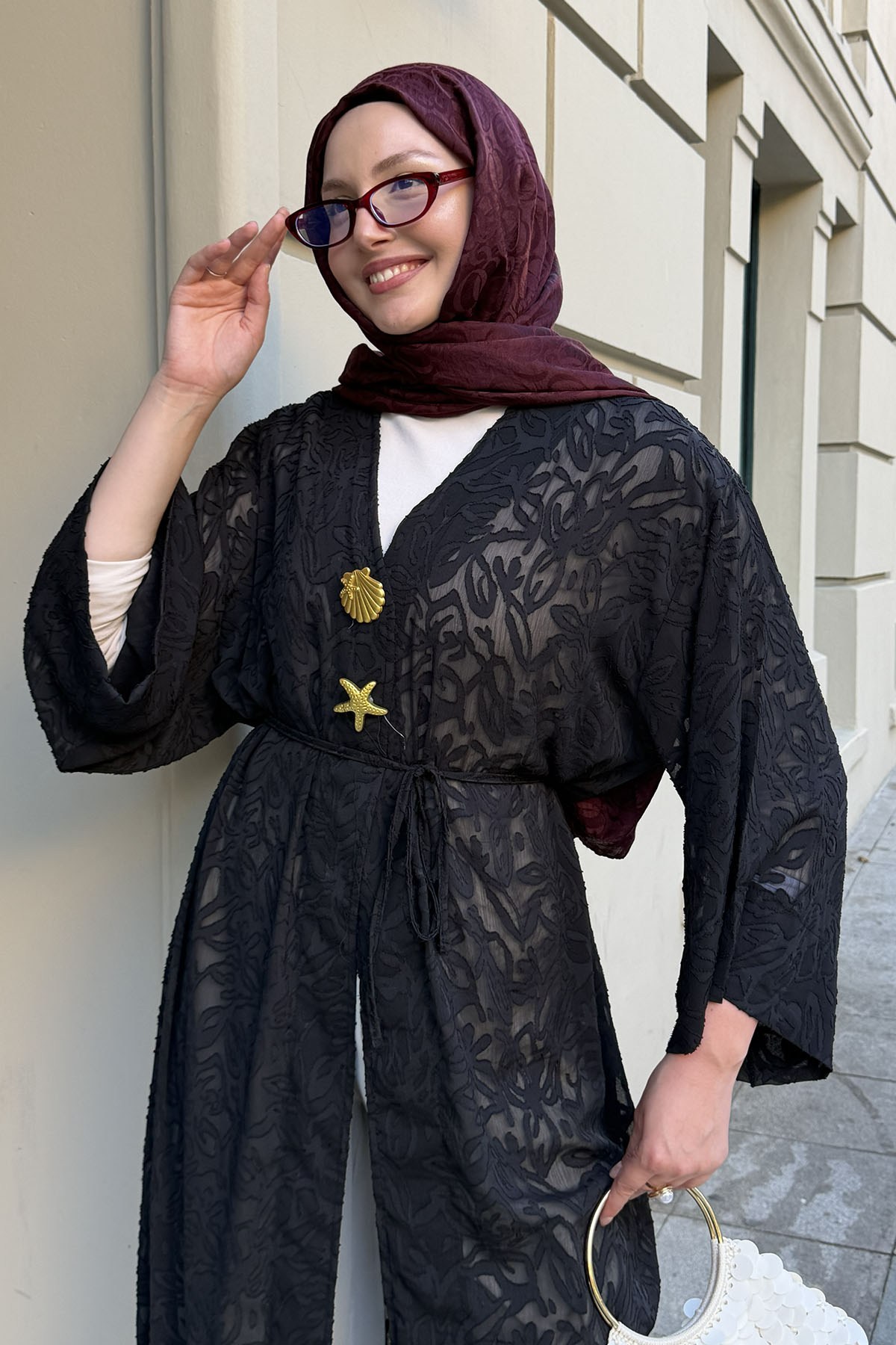 Gold Düğmeli Kumaş Kendinden Desenli Kimono-SİYAH
