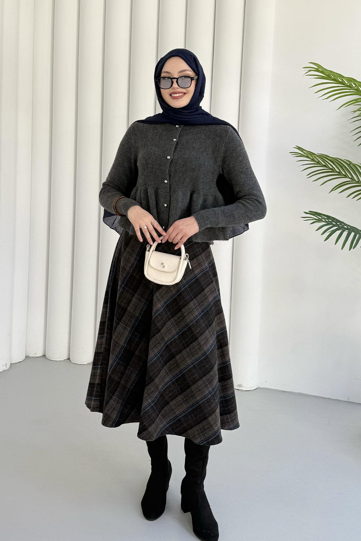 Gold Düğmeli Pileli Crop Hırka-ANTRASİT