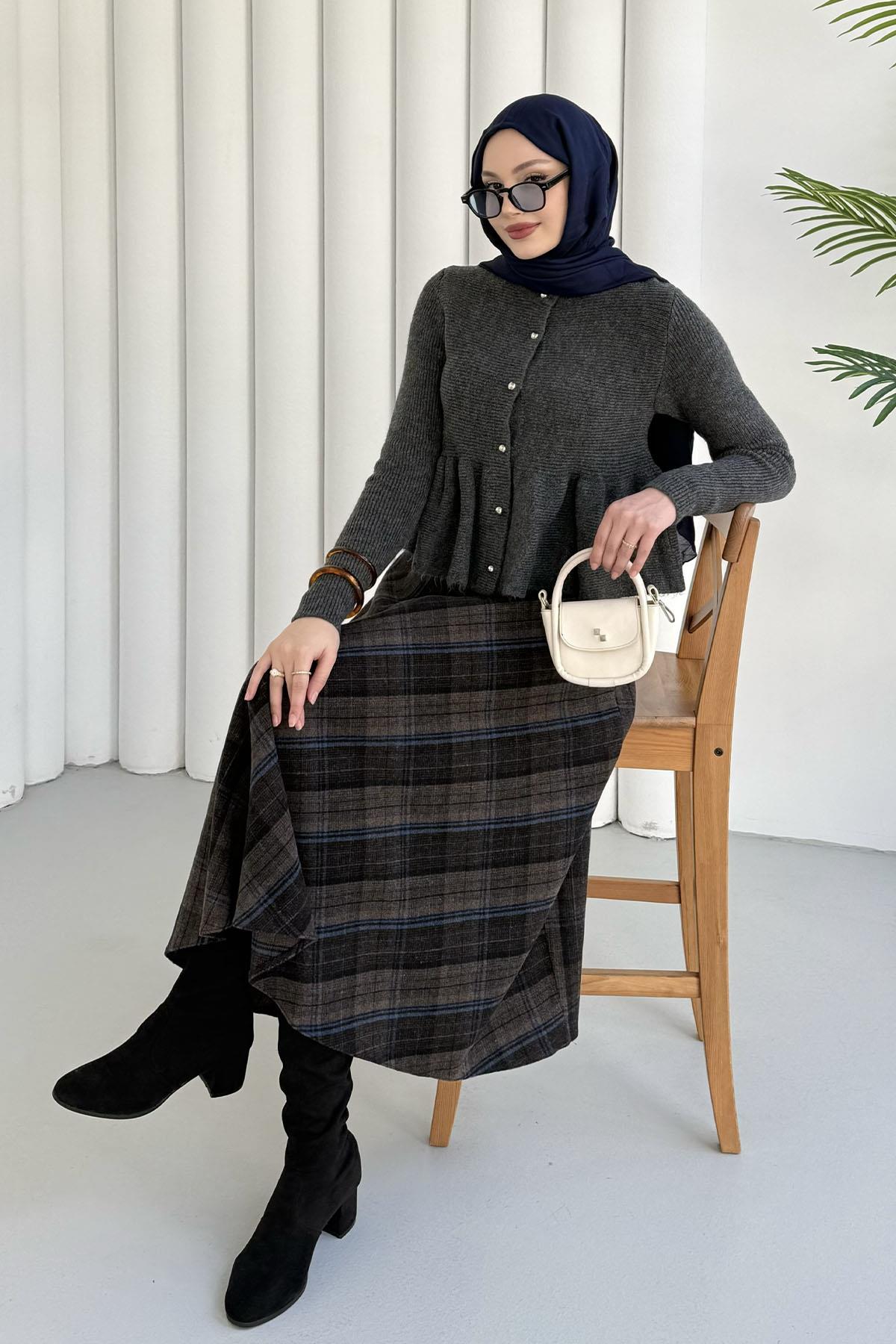 Gold Düğmeli Pileli Crop Hırka-ANTRASİT