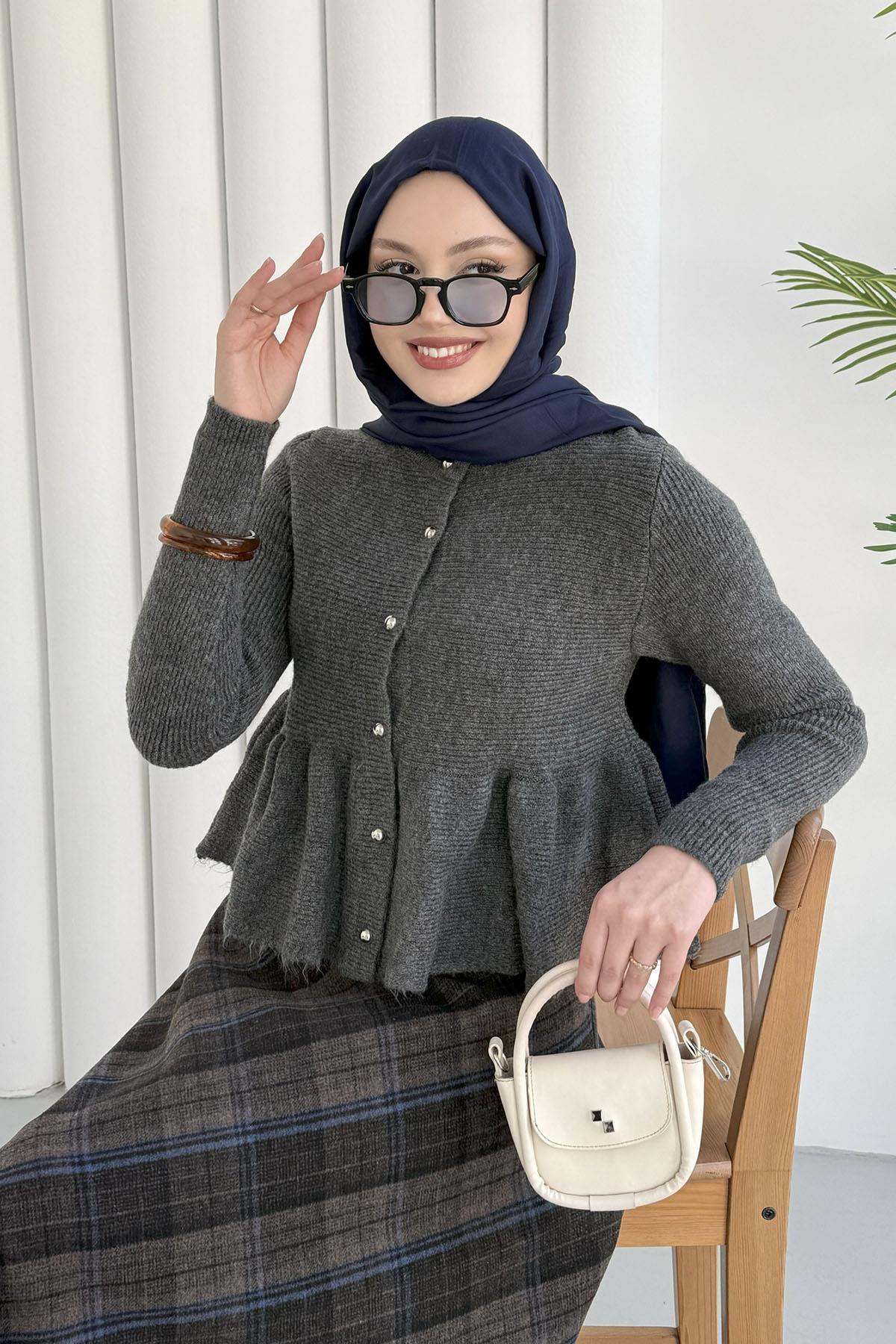 Gold Düğmeli Pileli Crop Hırka-ANTRASİT