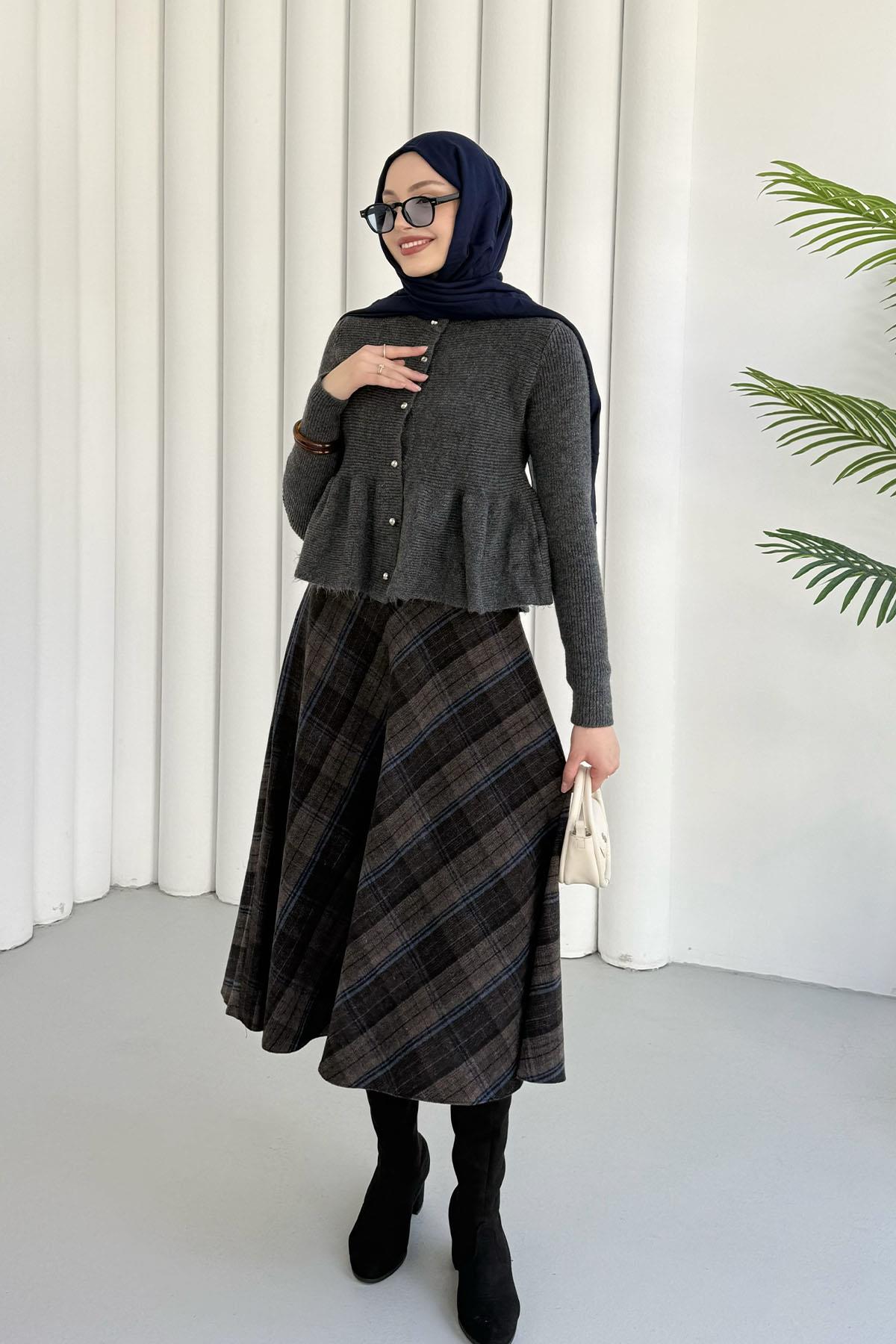 Gold Düğmeli Pileli Crop Hırka-ANTRASİT