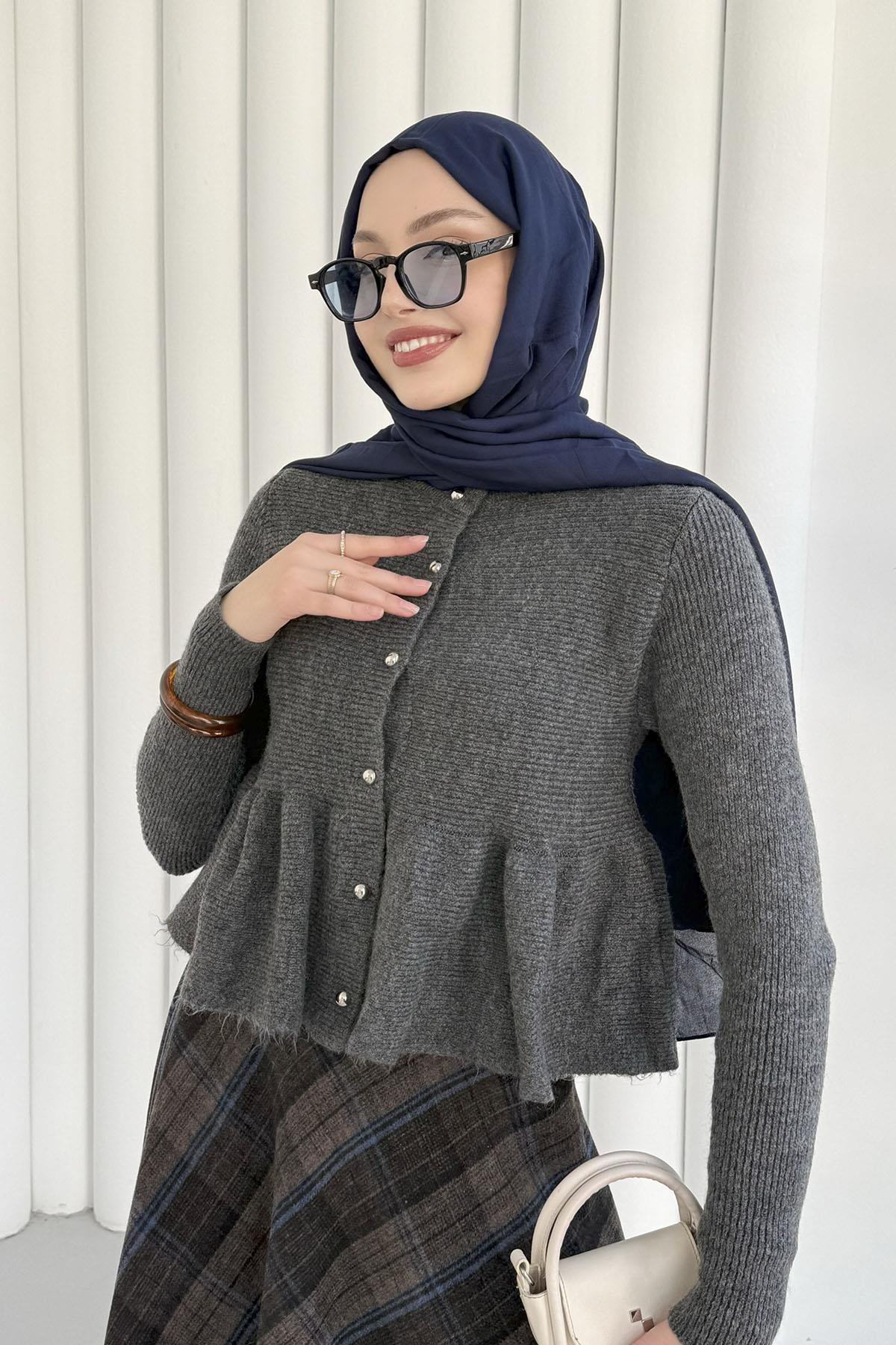 Gold Düğmeli Pileli Crop Hırka-ANTRASİT