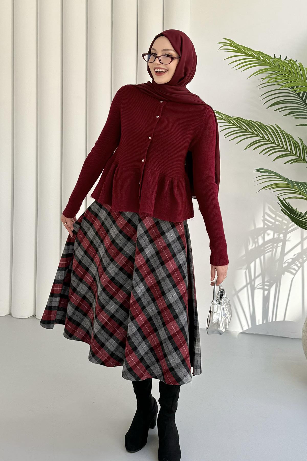 Gold Düğmeli Pileli Crop Hırka-BORDO