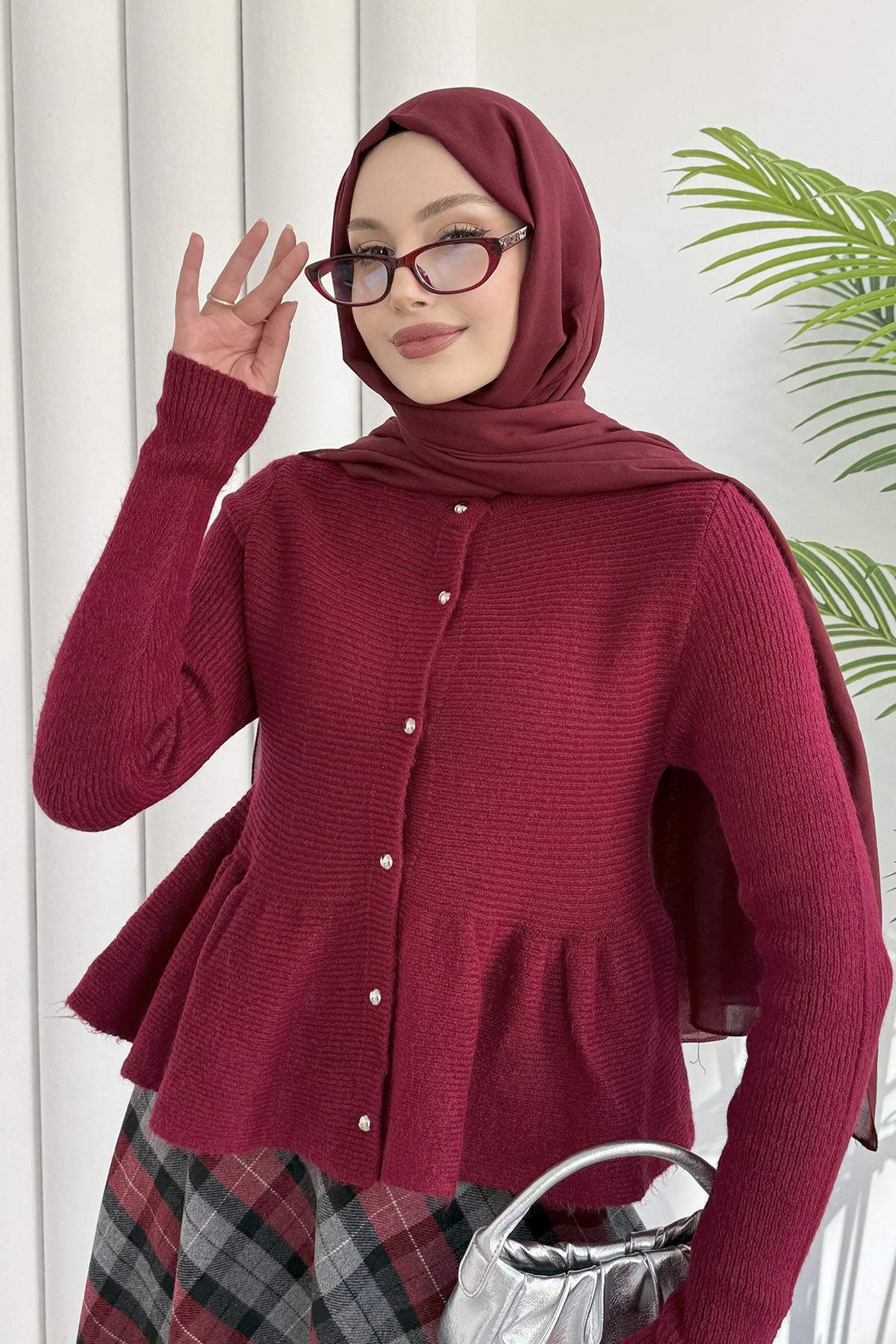 Gold Düğmeli Pileli Crop Hırka-BORDO