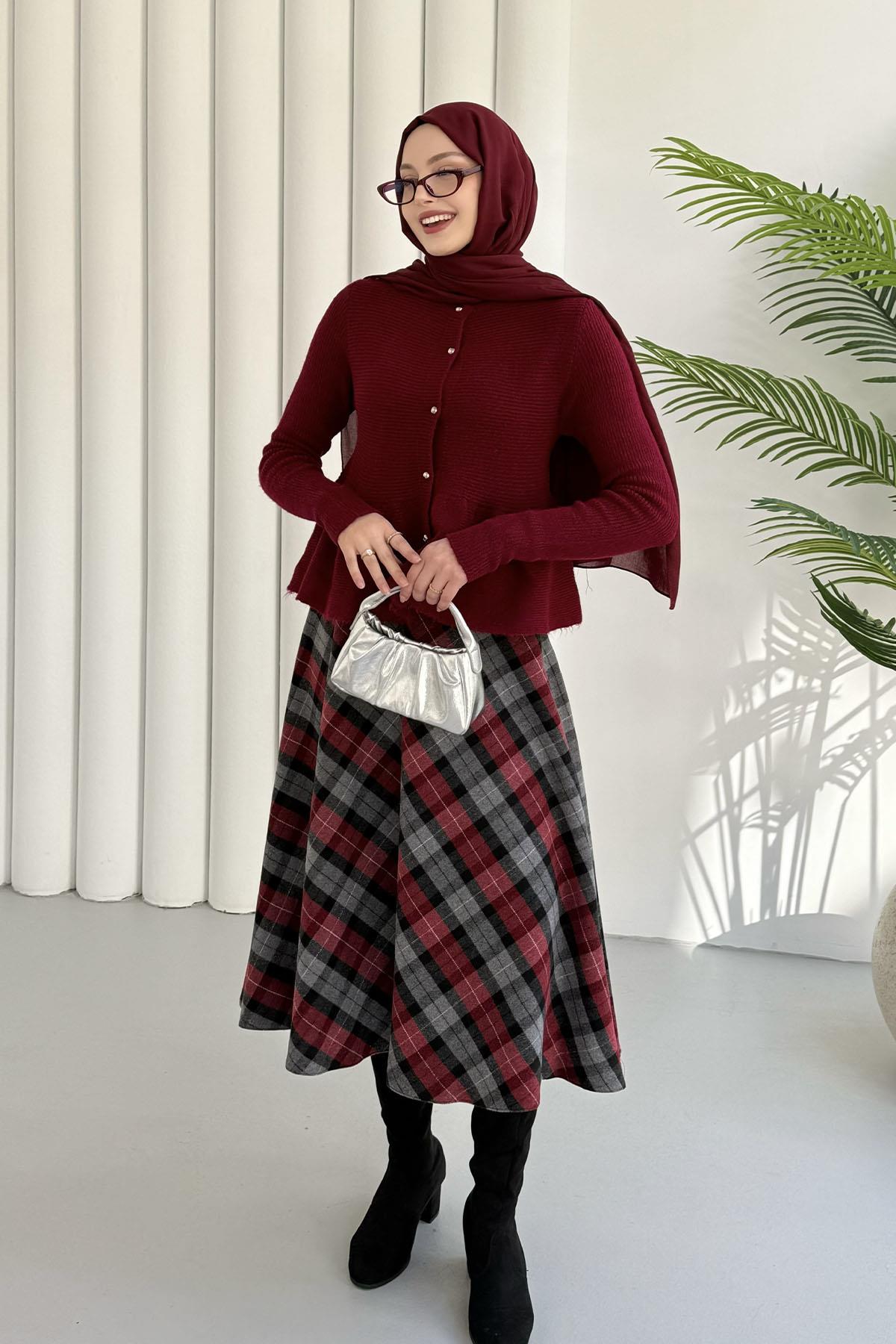 Gold Düğmeli Pileli Crop Hırka-BORDO