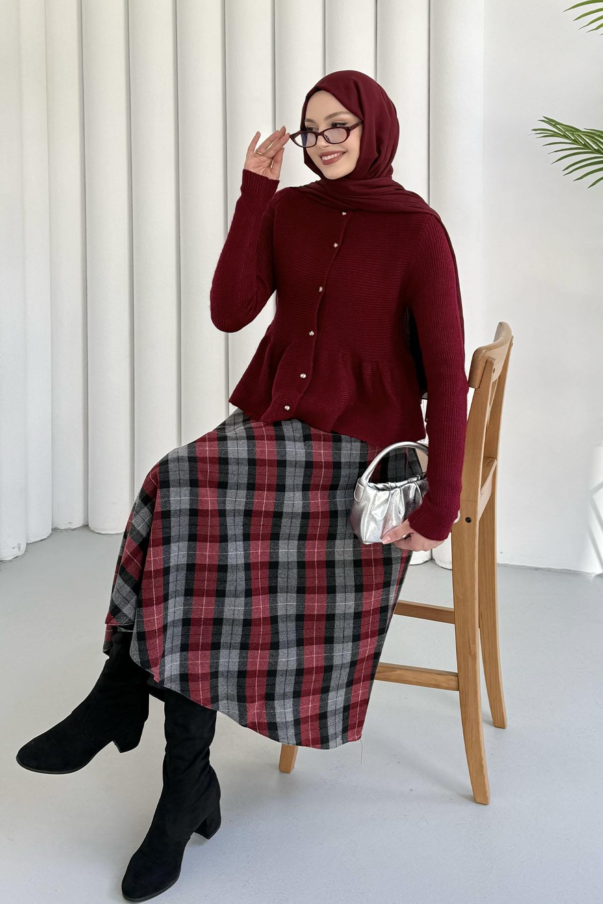 Gold Düğmeli Pileli Crop Hırka-BORDO