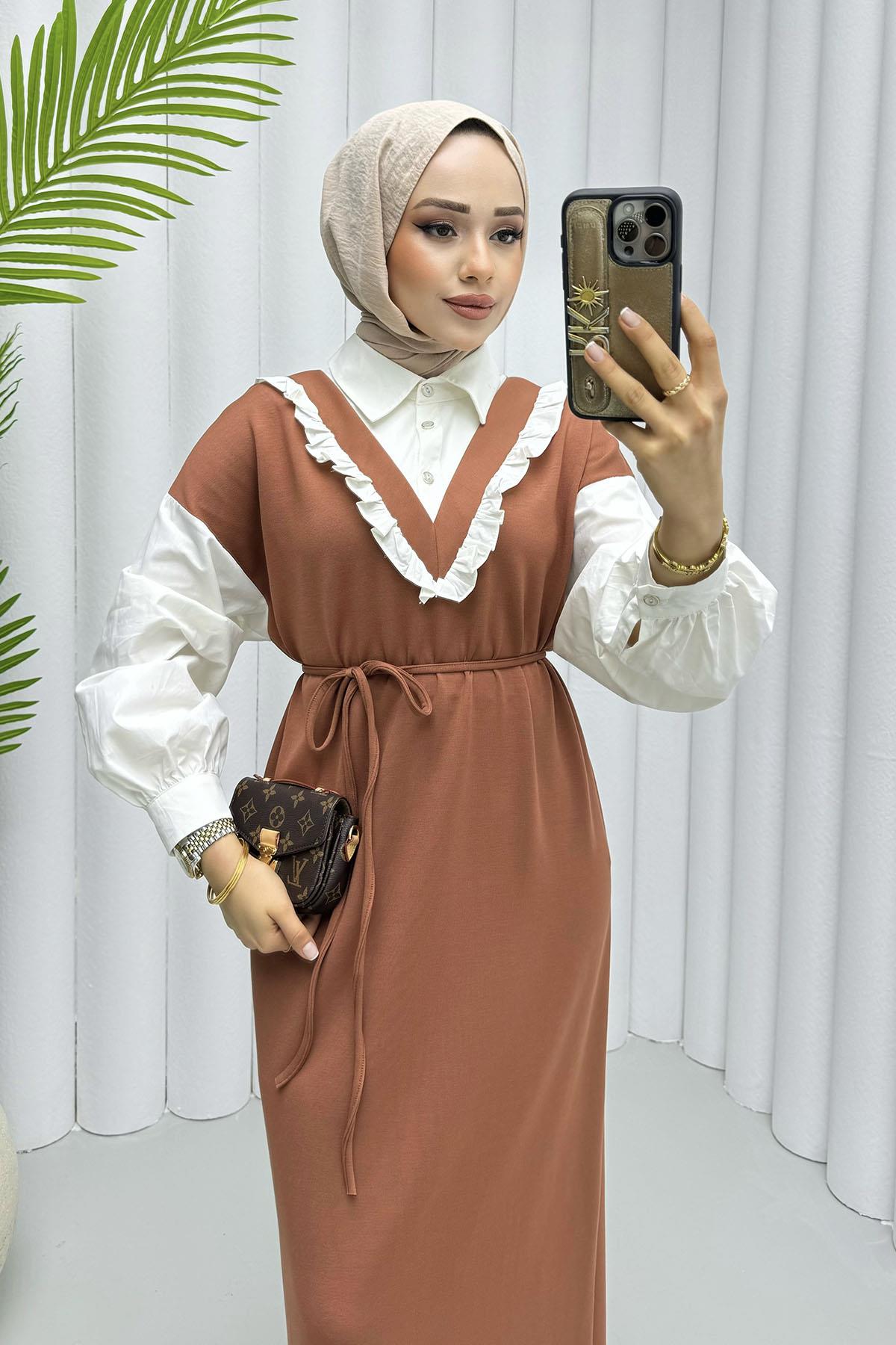 Gömlek Detaylı Biye Kemerli Tesettür Elbise-KİREMİT