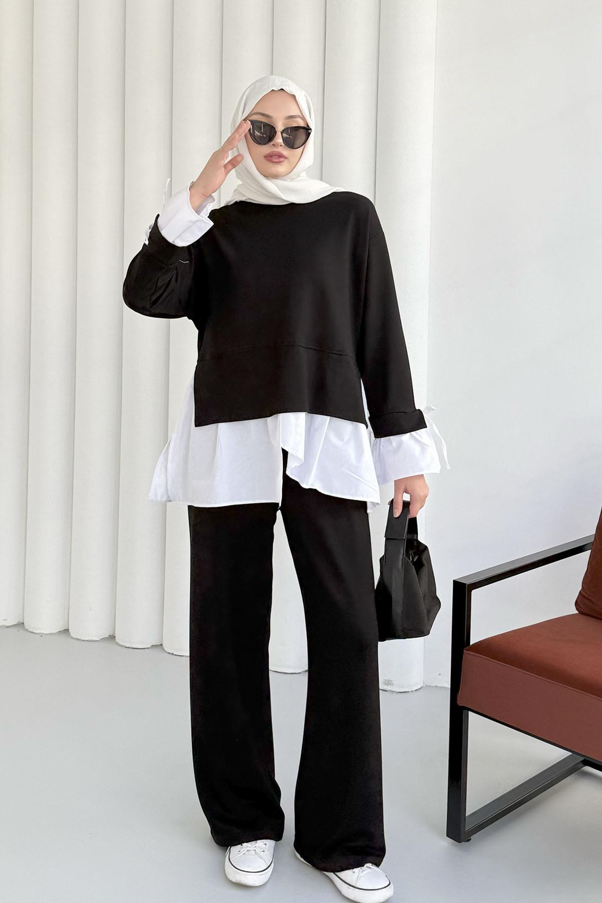 Gömlek Detaylı Pantolonlu Tesettür Takım-SİYAH