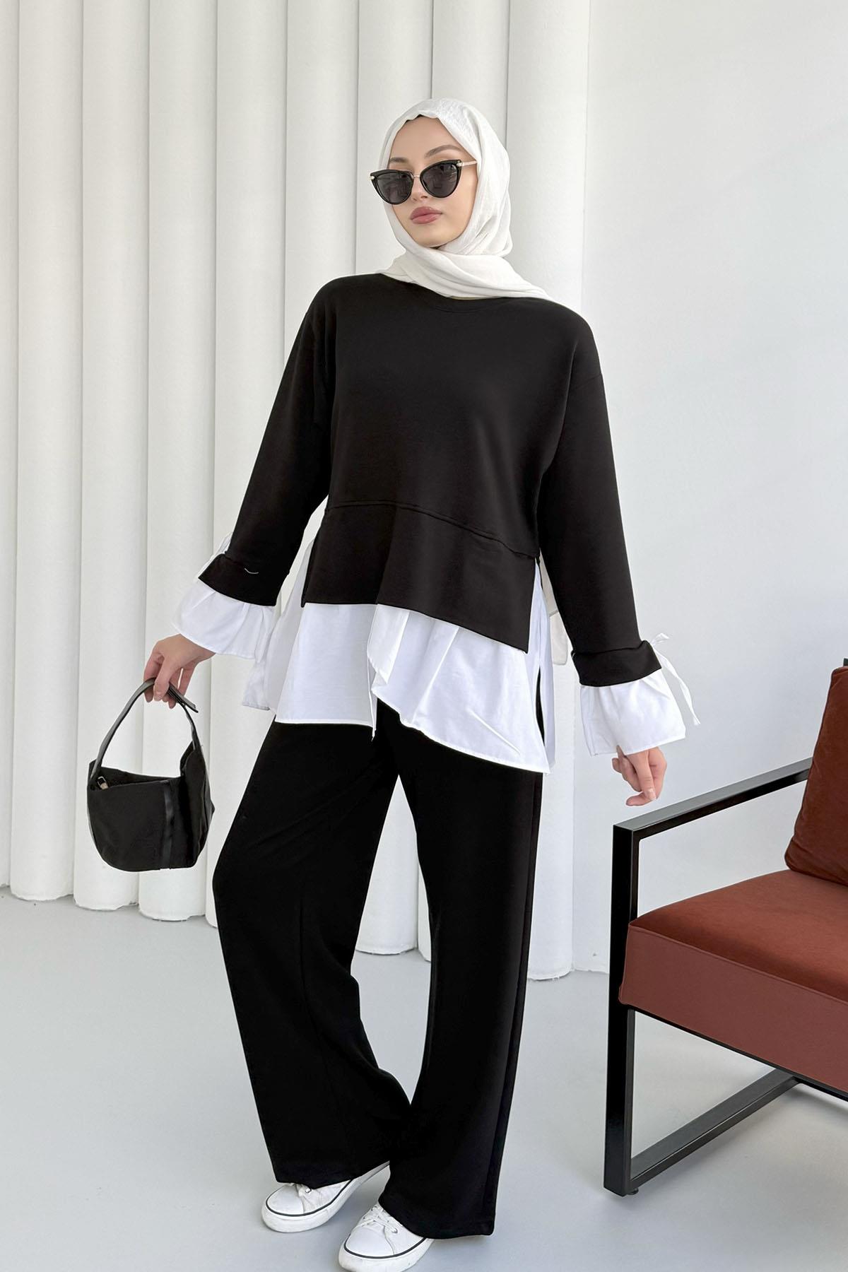 Gömlek Detaylı Pantolonlu Tesettür Takım-SİYAH