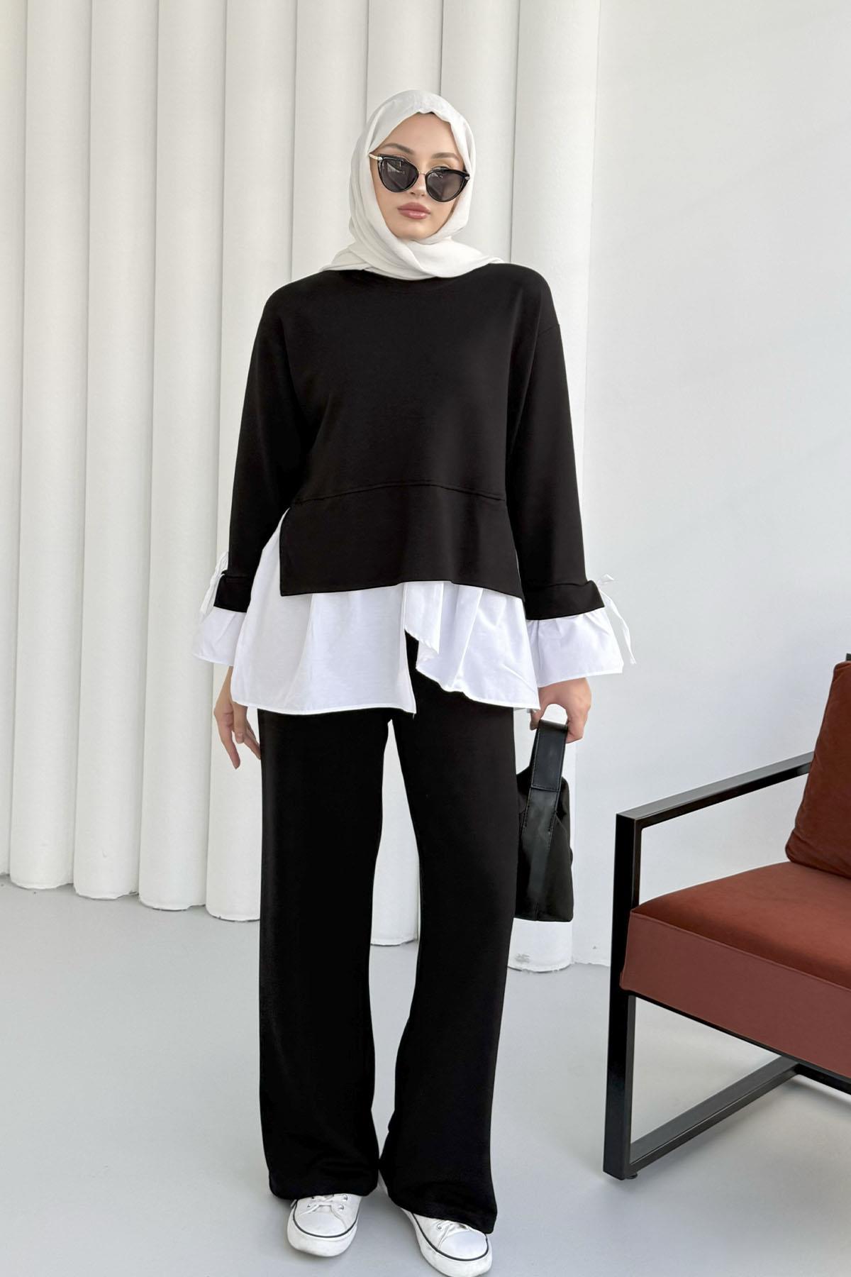 Gömlek Detaylı Pantolonlu Tesettür Takım-SİYAH
