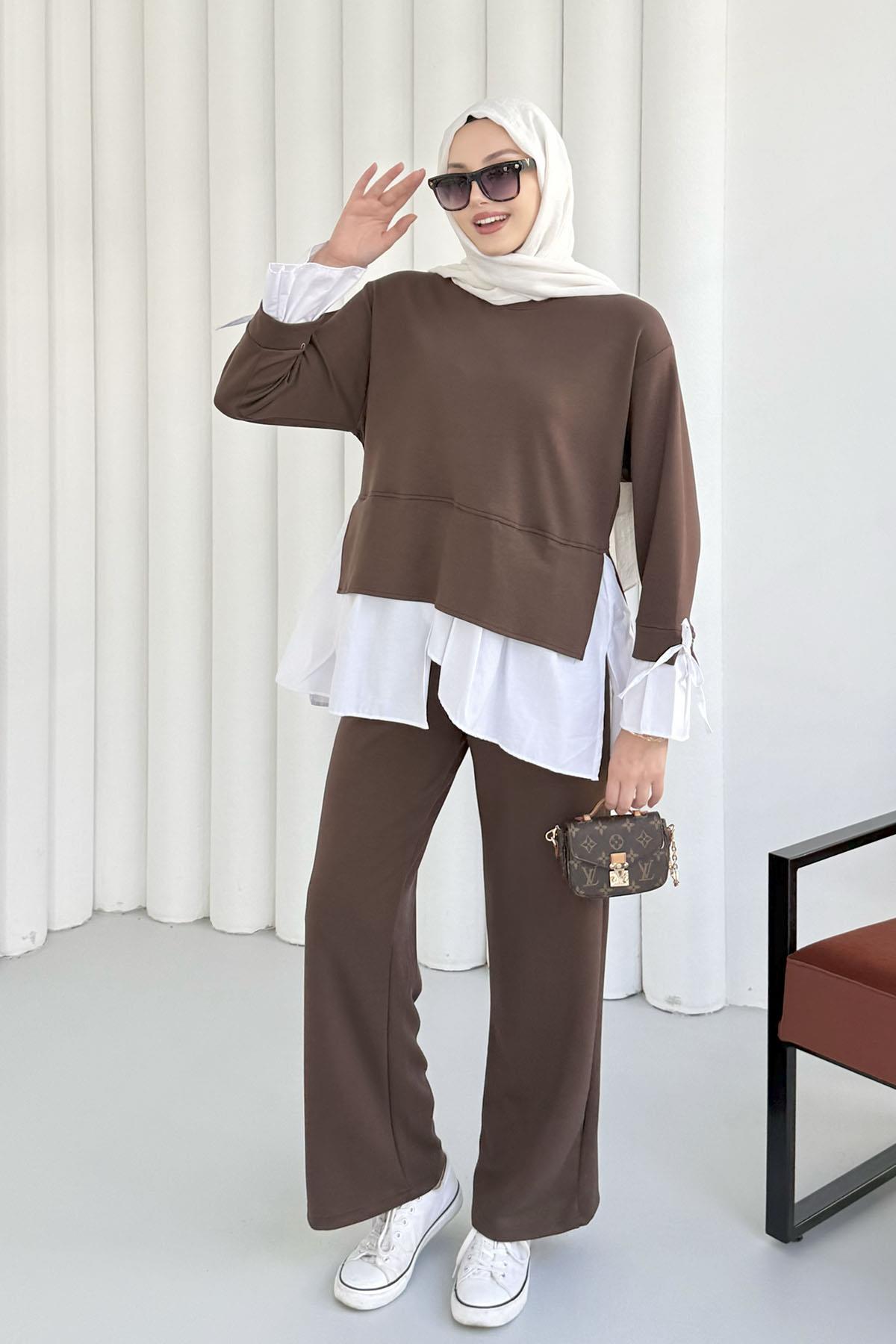 Gömlek Detaylı Pantolonlu Tesettür Takım-KAHVERENGİ