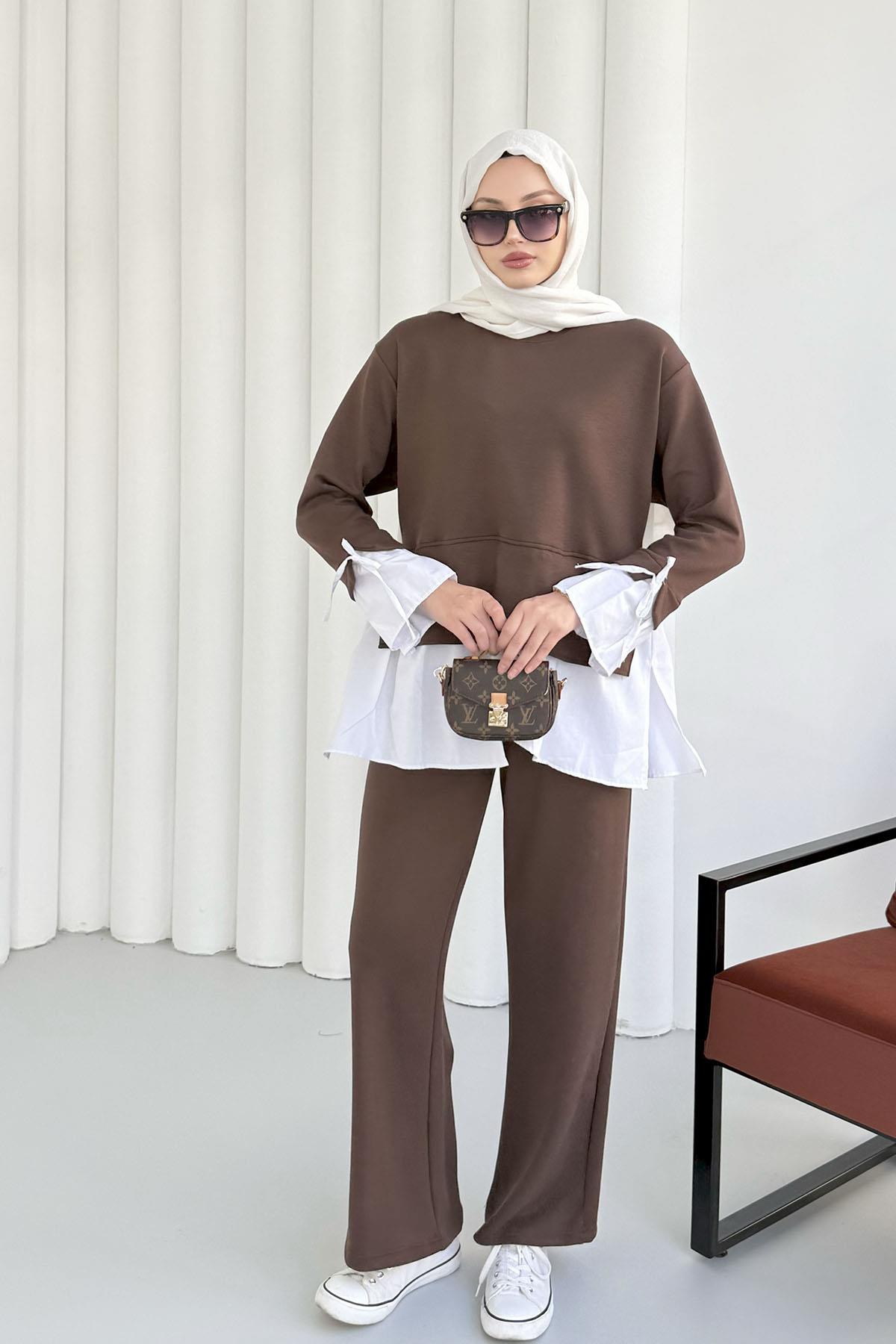 Gömlek Detaylı Pantolonlu Tesettür Takım-KAHVERENGİ