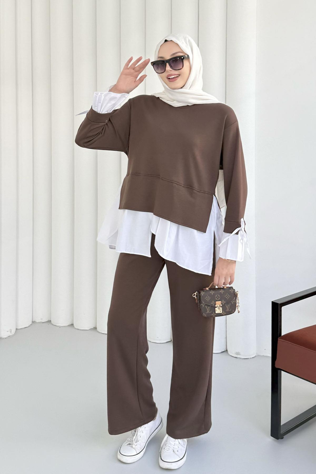 Gömlek Detaylı Pantolonlu Tesettür Takım-KAHVERENGİ