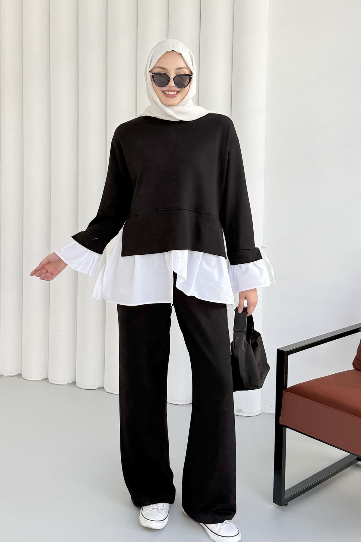 Gömlek Detaylı Pantolonlu Tesettür Takım-SİYAH