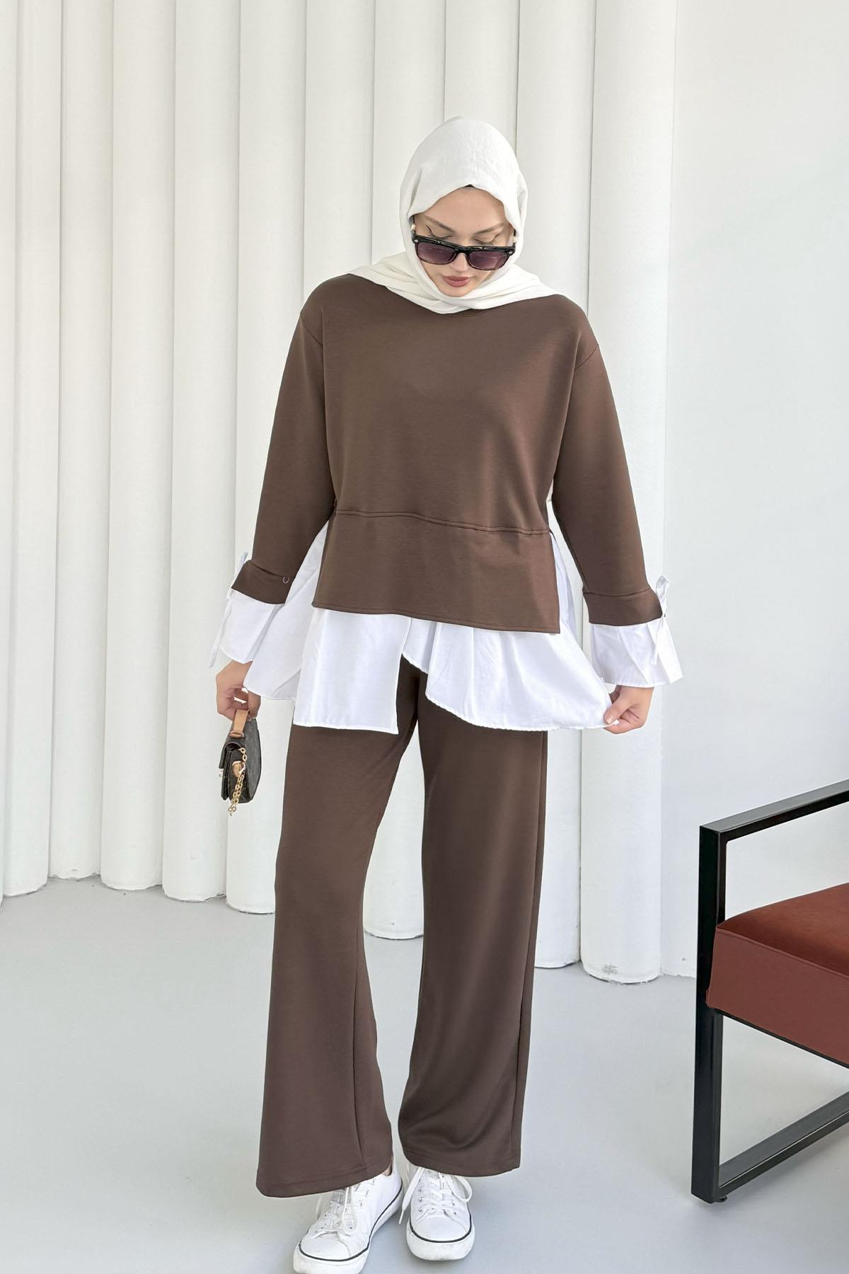 Gömlek Detaylı Pantolonlu Tesettür Takım-KAHVERENGİ