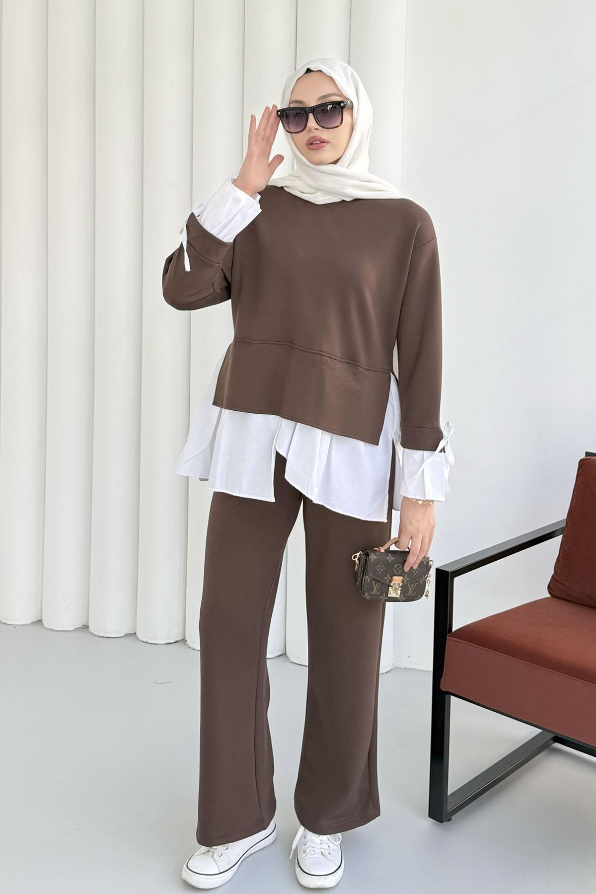 Gömlek Detaylı Pantolonlu Tesettür Takım-KAHVERENGİ