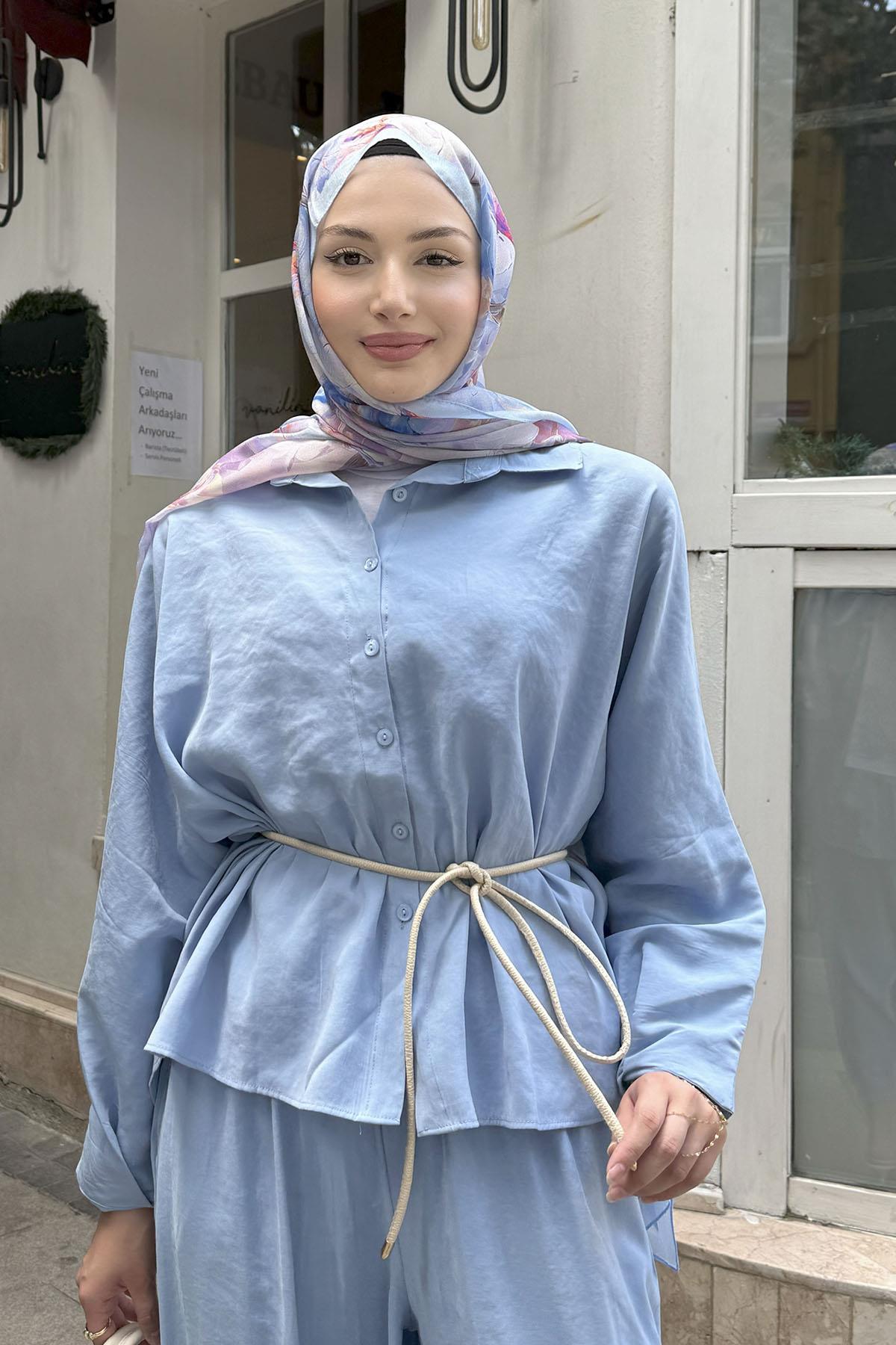 Gömlek Detaylı Tesettür Takım-MAVİ