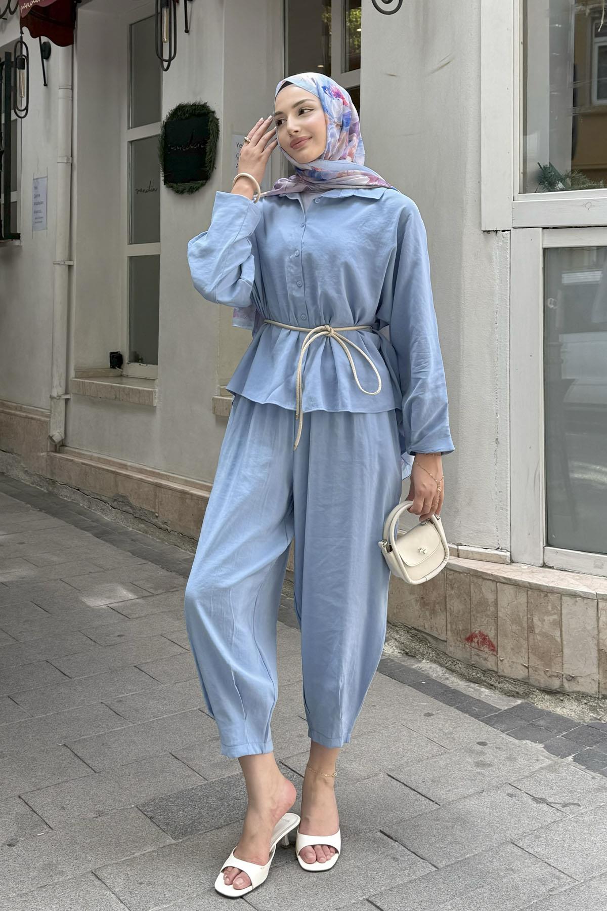 Gömlek Detaylı Tesettür Takım-MAVİ