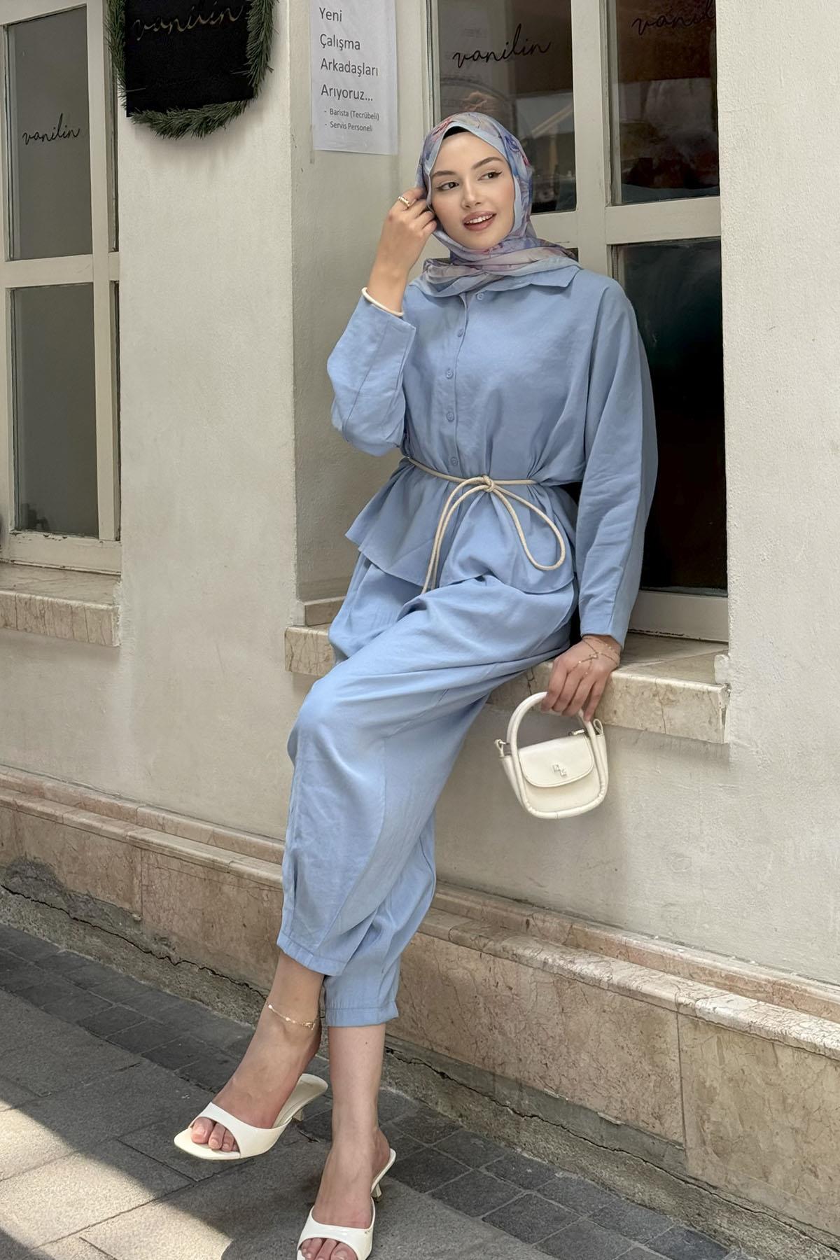 Gömlek Detaylı Tesettür Takım-MAVİ