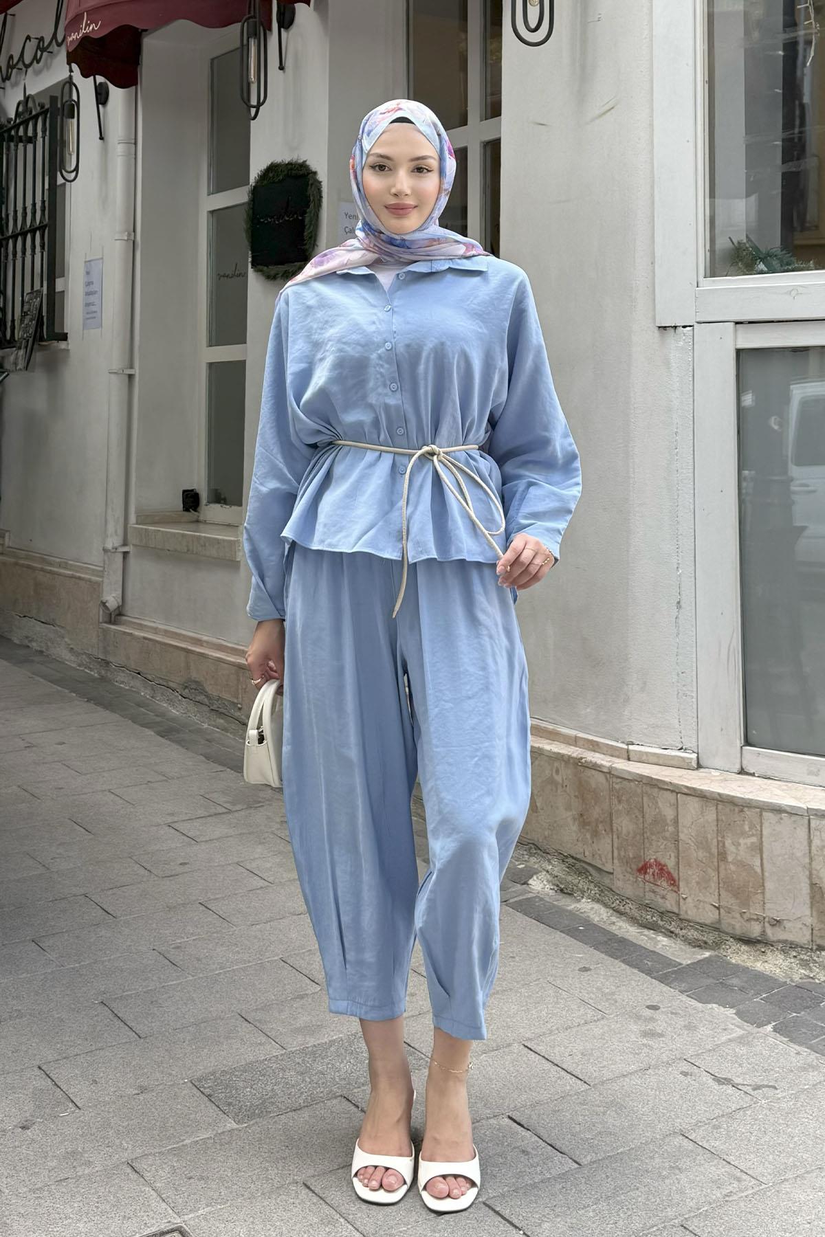 Gömlek Detaylı Tesettür Takım-MAVİ