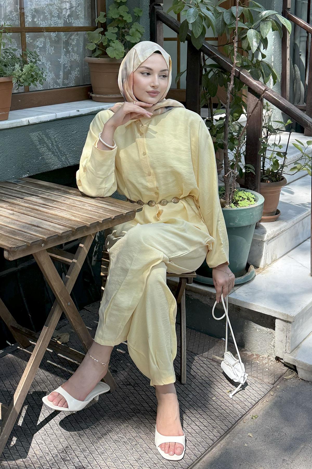 Gömlek Detaylı Tesettür Takım-SARI