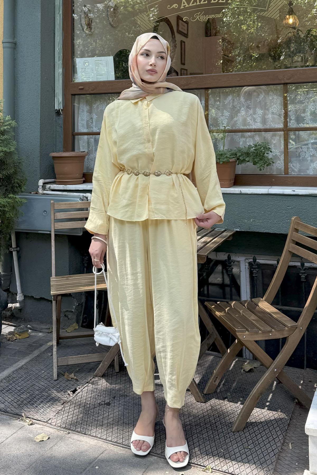 Gömlek Detaylı Tesettür Takım-SARI