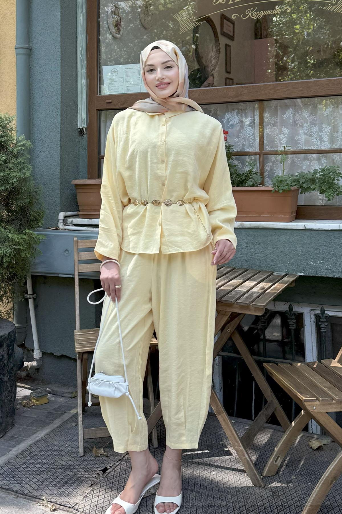 Gömlek Detaylı Tesettür Takım-SARI