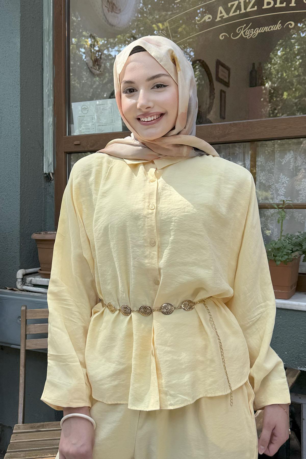 Gömlek Detaylı Tesettür Takım-SARI