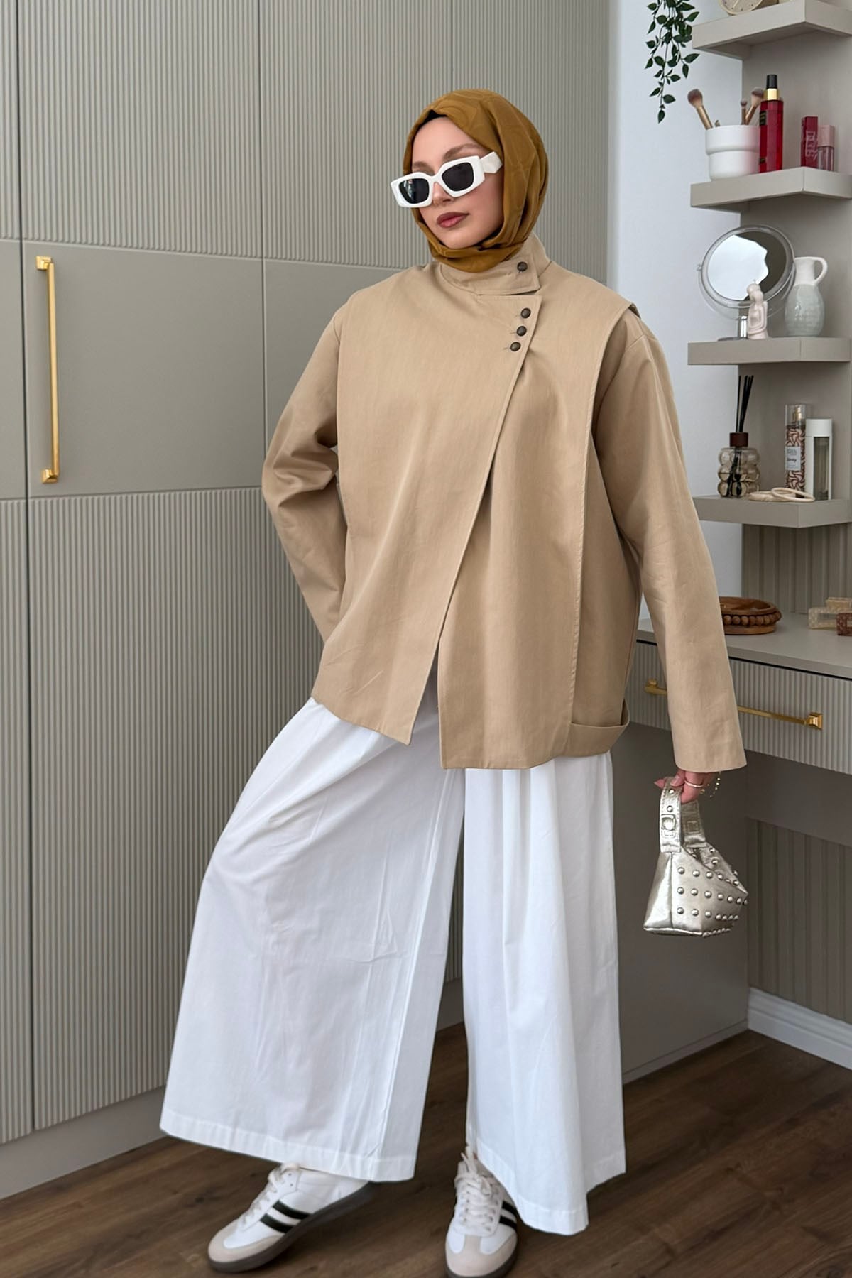 Hakim Yaka Düğme Detaylı Reglan Ceket Trençkot-CAMEL