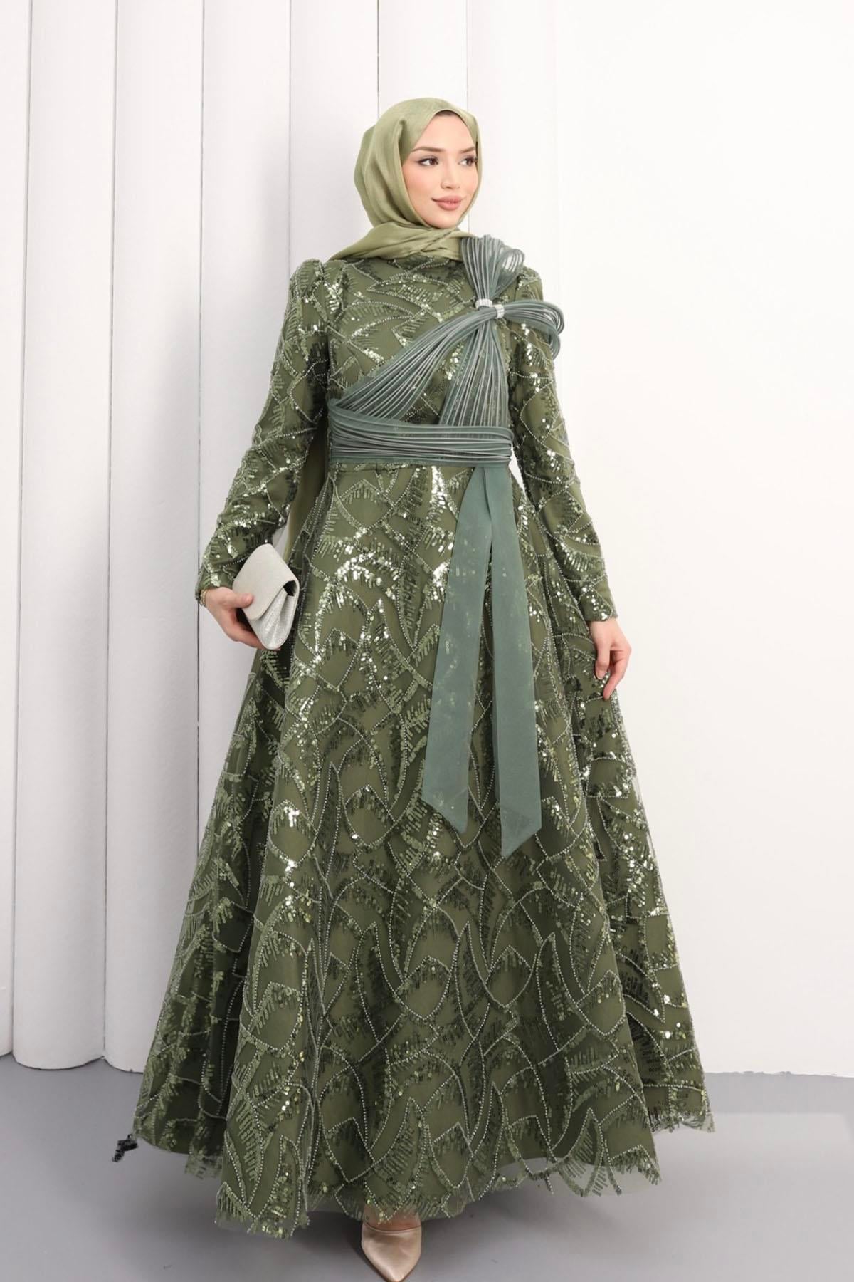 Helen Prenses Tesettür Abiye-HAKİ YEŞİL