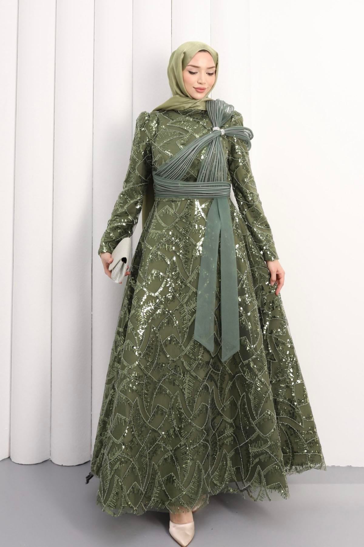 Helen Prenses Tesettür Abiye-HAKİ YEŞİL