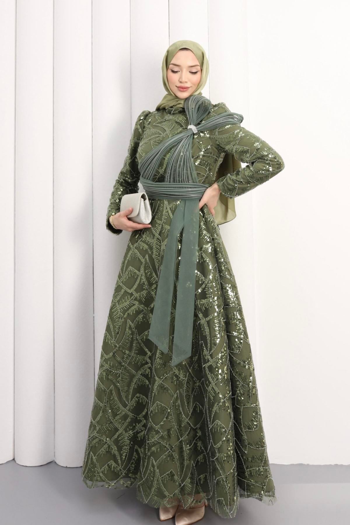 Helen Prenses Tesettür Abiye-HAKİ YEŞİL