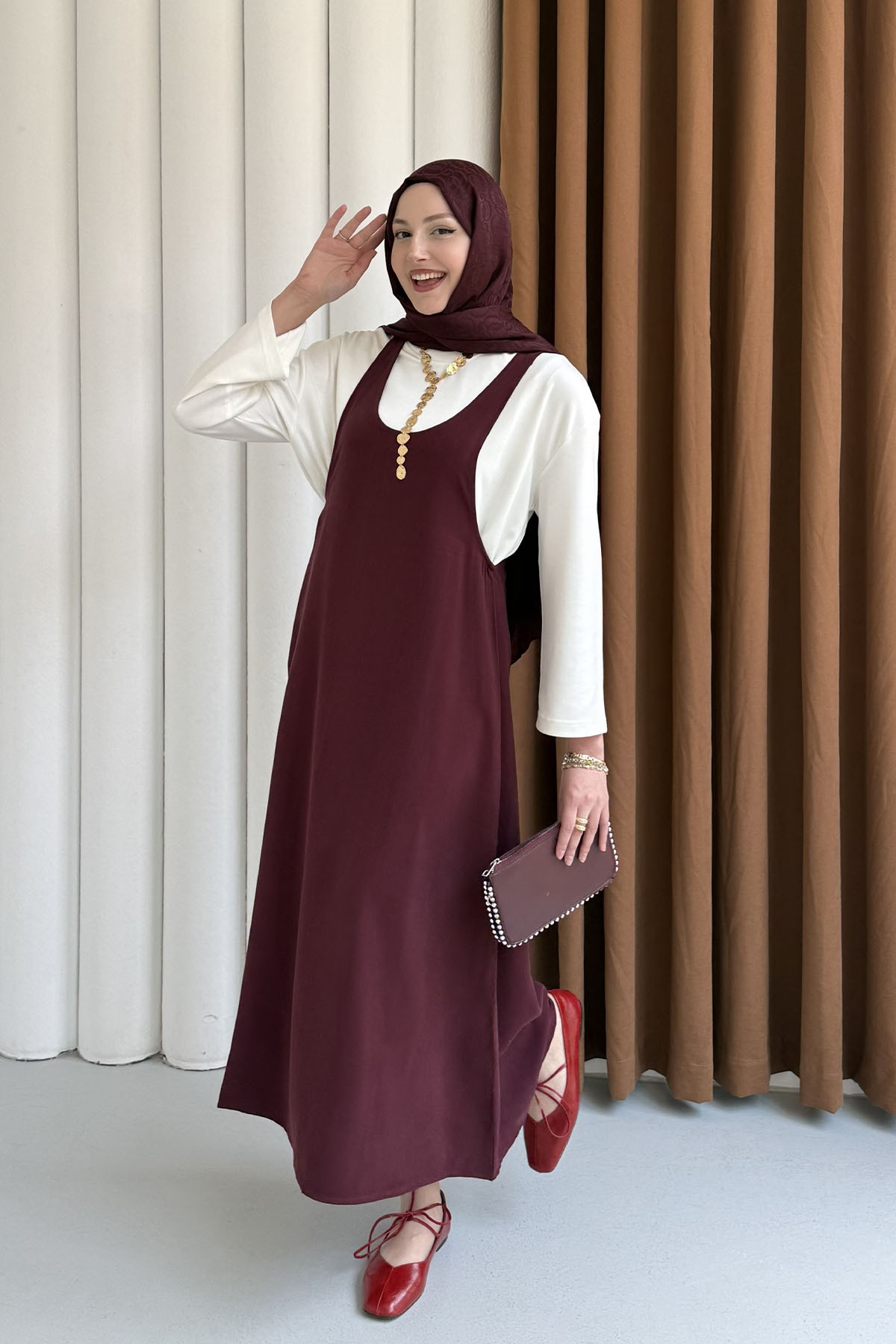 İçlik Kombinli Jile Tesettür Elbise-BORDO