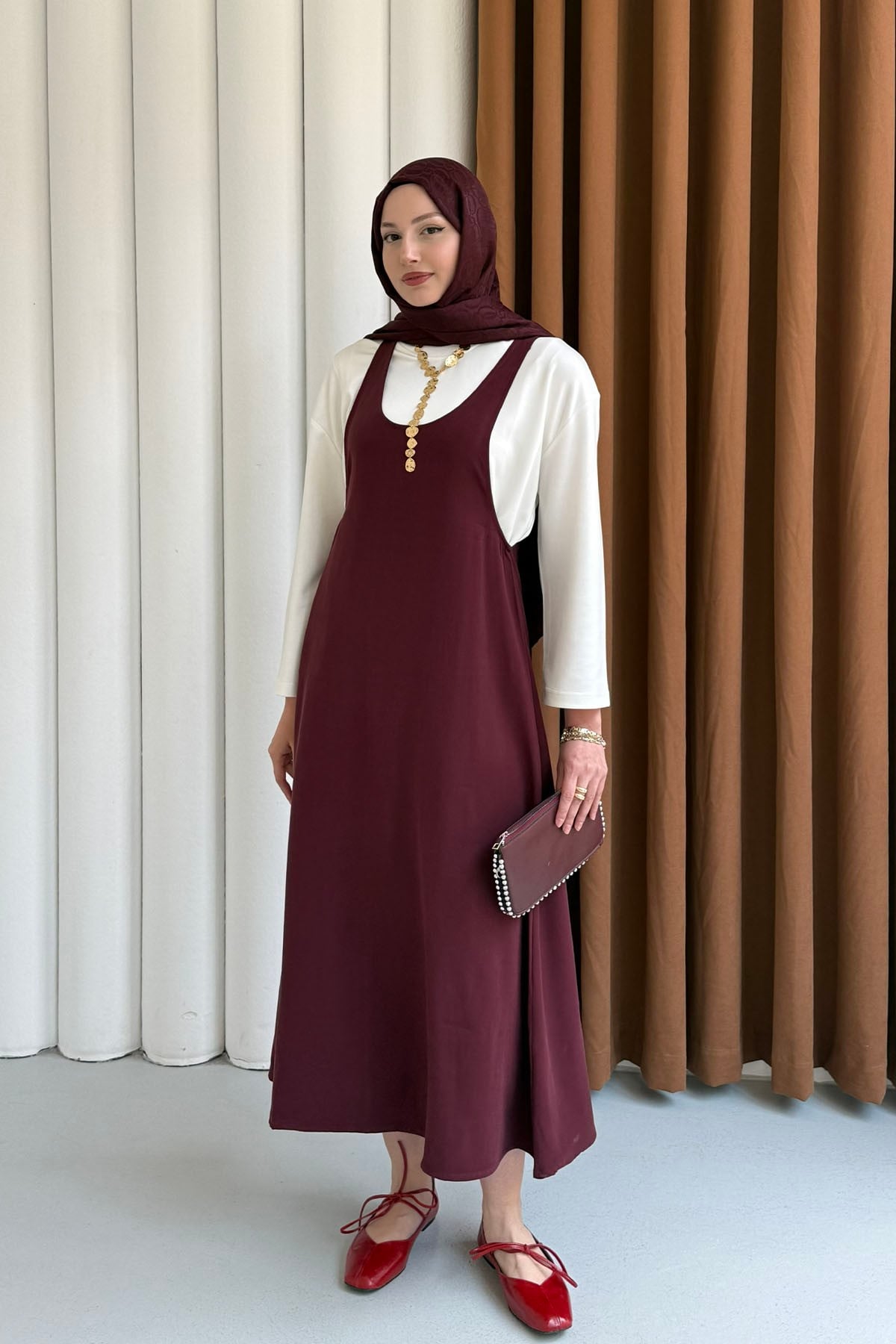İçlik Kombinli Jile Tesettür Elbise-BORDO