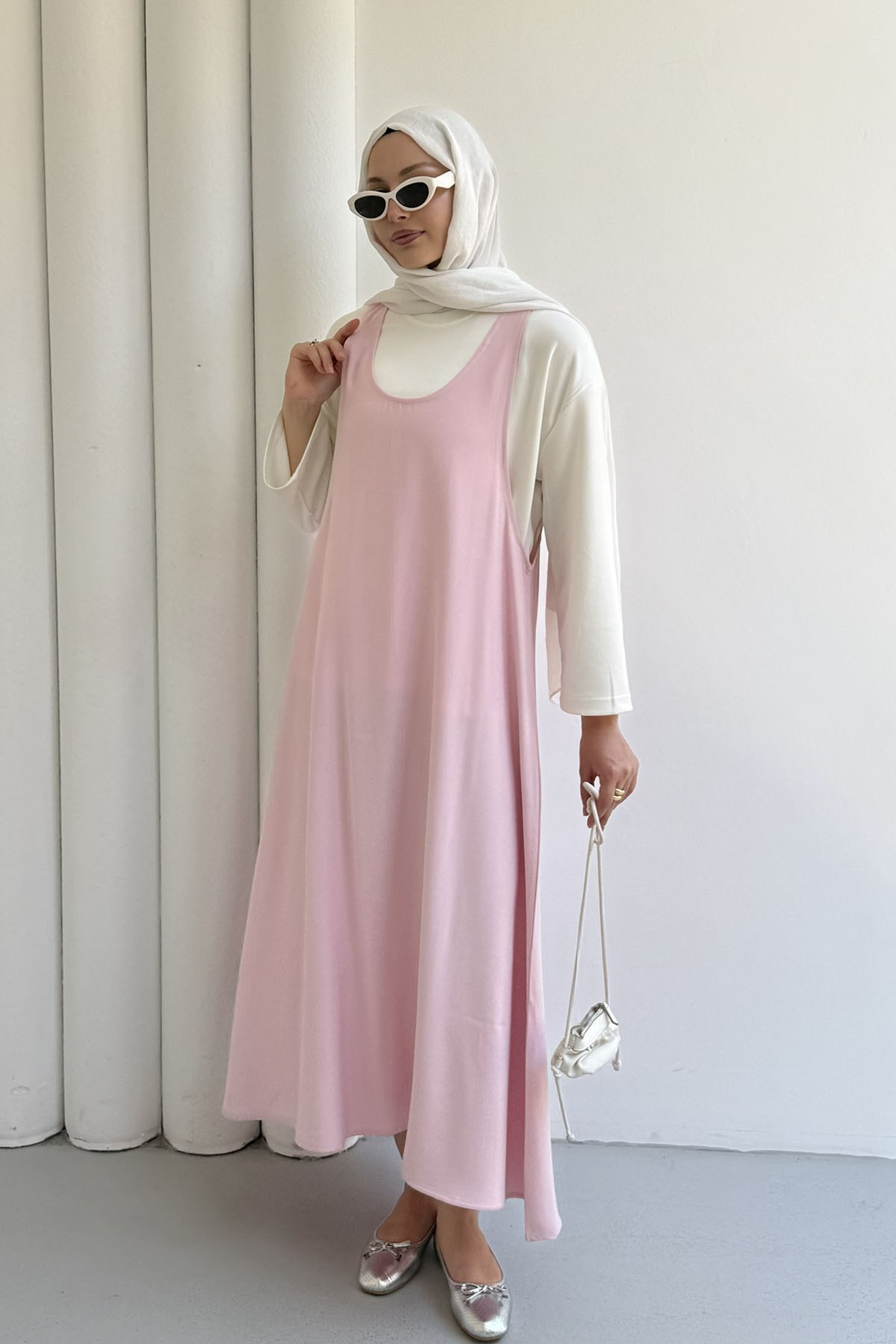 İçlik Kombinli Jile Tesettür Elbise-PEMBE